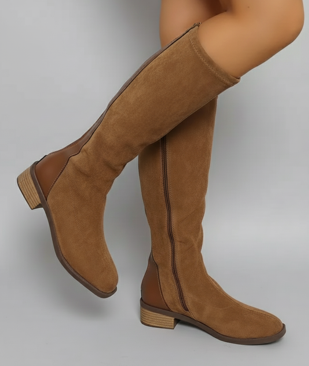 Faux Suede Knee-High Boots for Women – Low Block Heel, Side Zip Closure in Light Brown