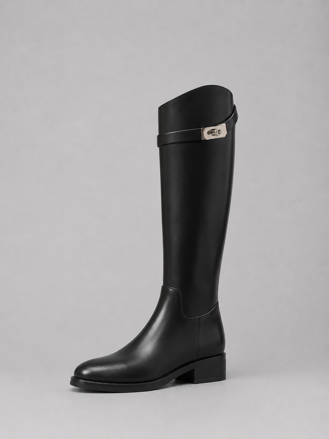 Faux Leather Knee-High Riding Boots for Women – Buckle Detail, Low Flat Heel, Tall Shaft