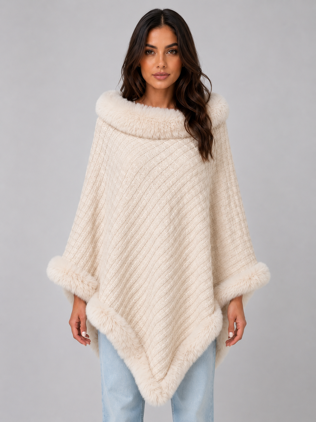 Knitted Poncho Cape for Women – Faux Fur Trim, Textured Knit, Wide Arm Openings