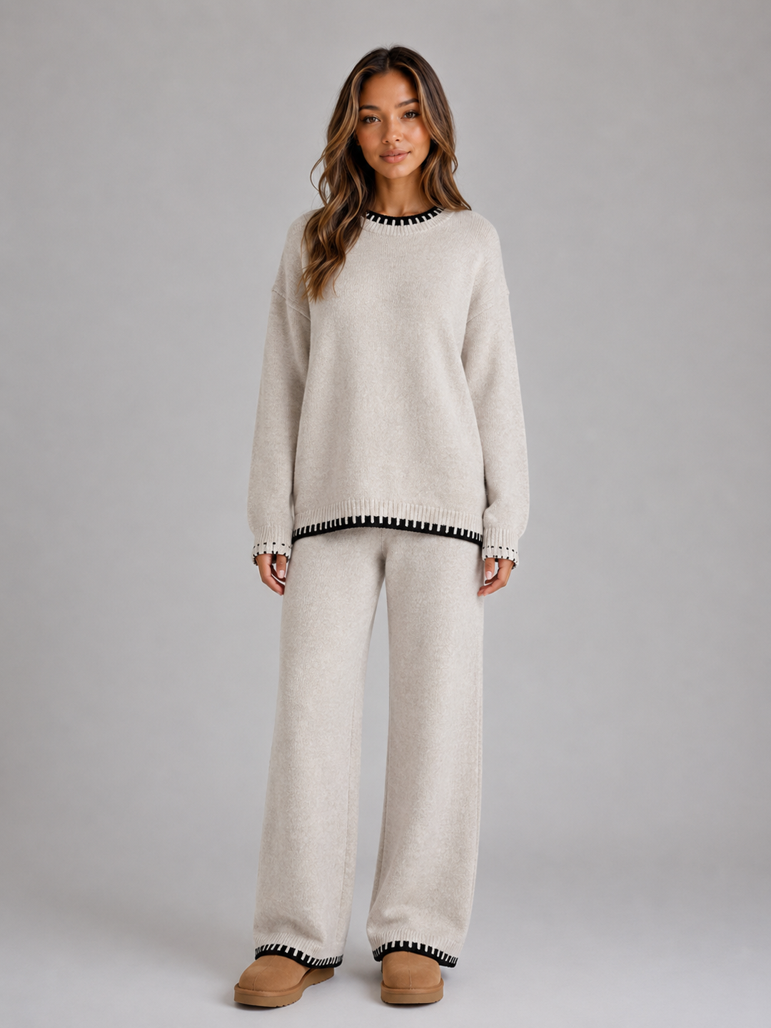 Women's Knit Two-Piece Set – Dropped Shoulder Crew Neck Sweater, Wide-Leg Pants