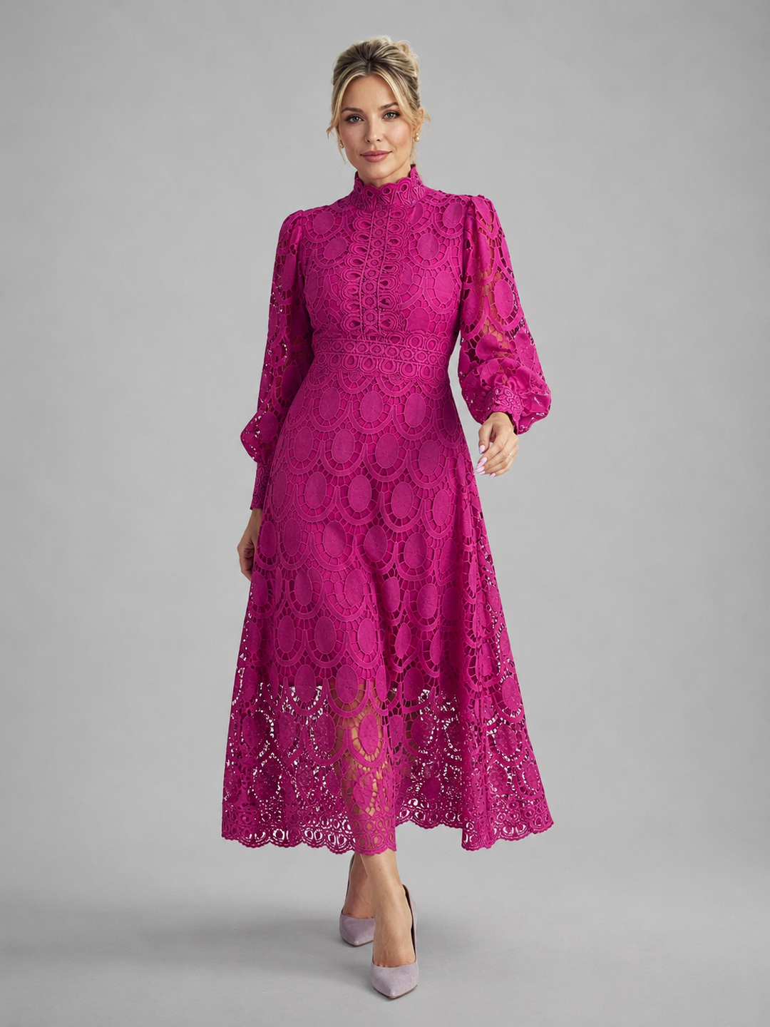 Long Sleeve Lace Midi Dress for Women – Lined, Cuff Detail, Tailored Fit