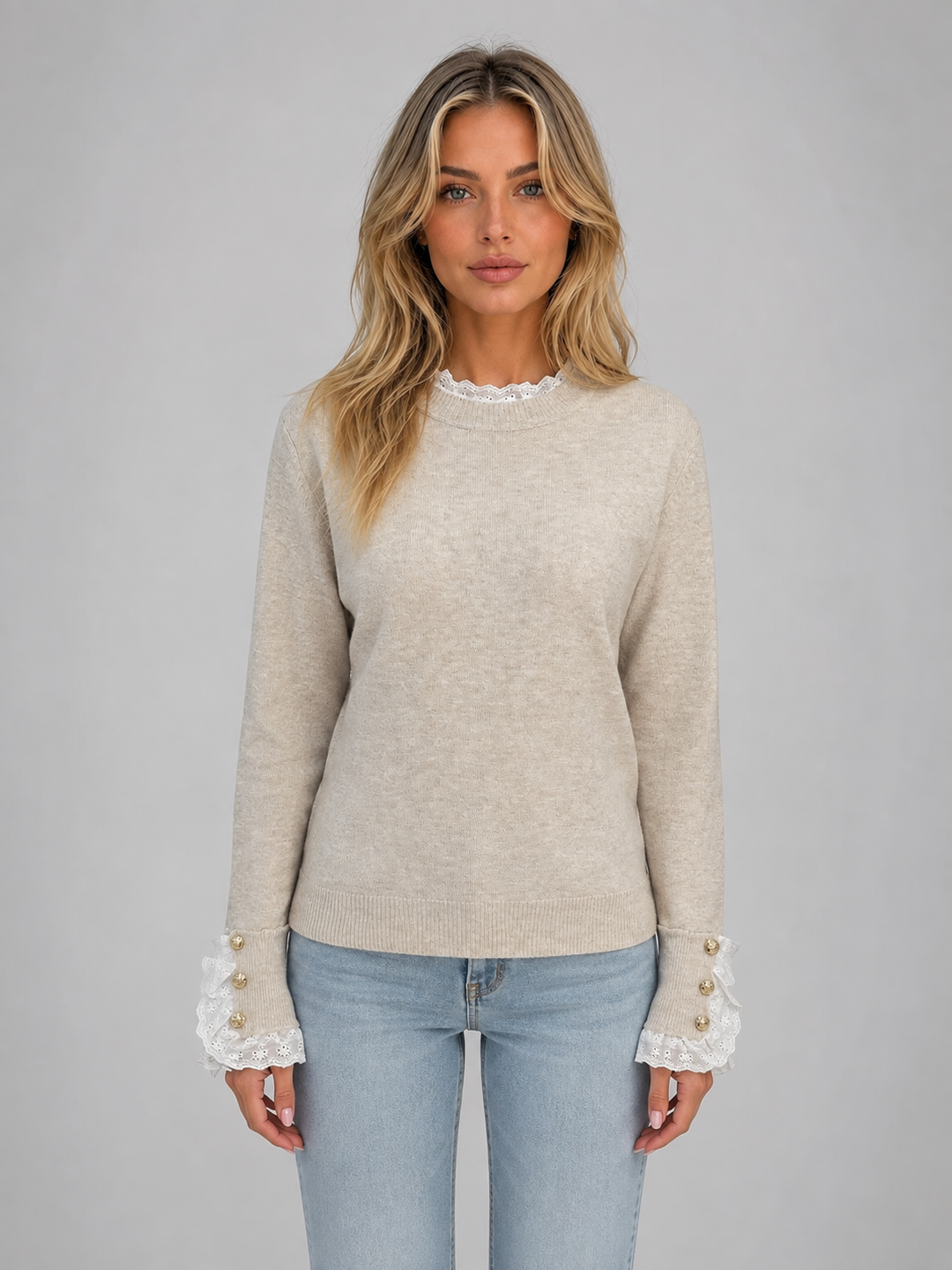 Lace Trim Knit Sweater for Women – Crew Neck, Buttoned Lace Cuffs in Beige