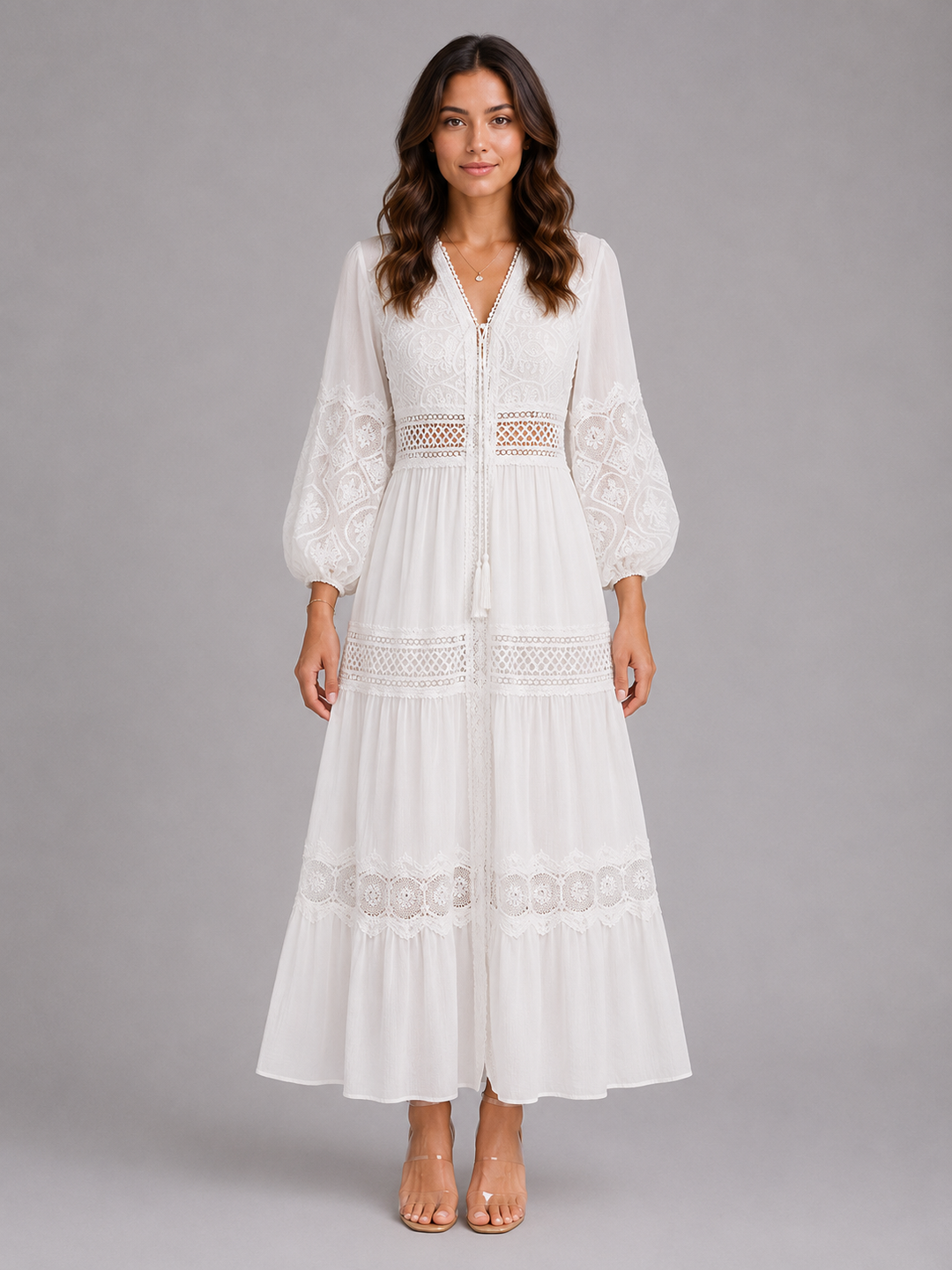 Lace Trim V-Neck Dress for Women – Long Sleeves, Tiered Skirt, Defined Waist in White