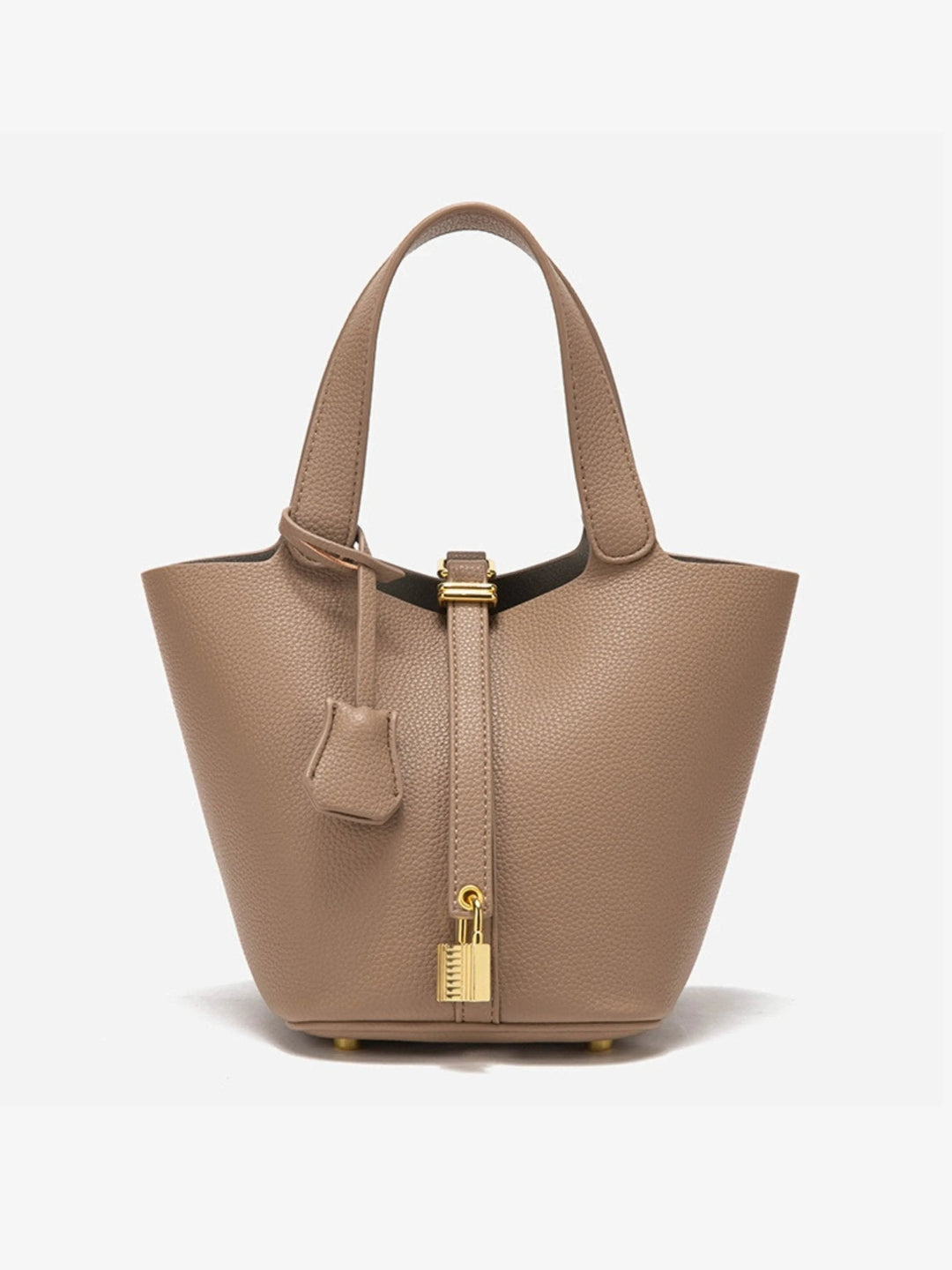 Faux Leather Bucket Bag – Structured Silhouette, Textured Finish, Gold Details