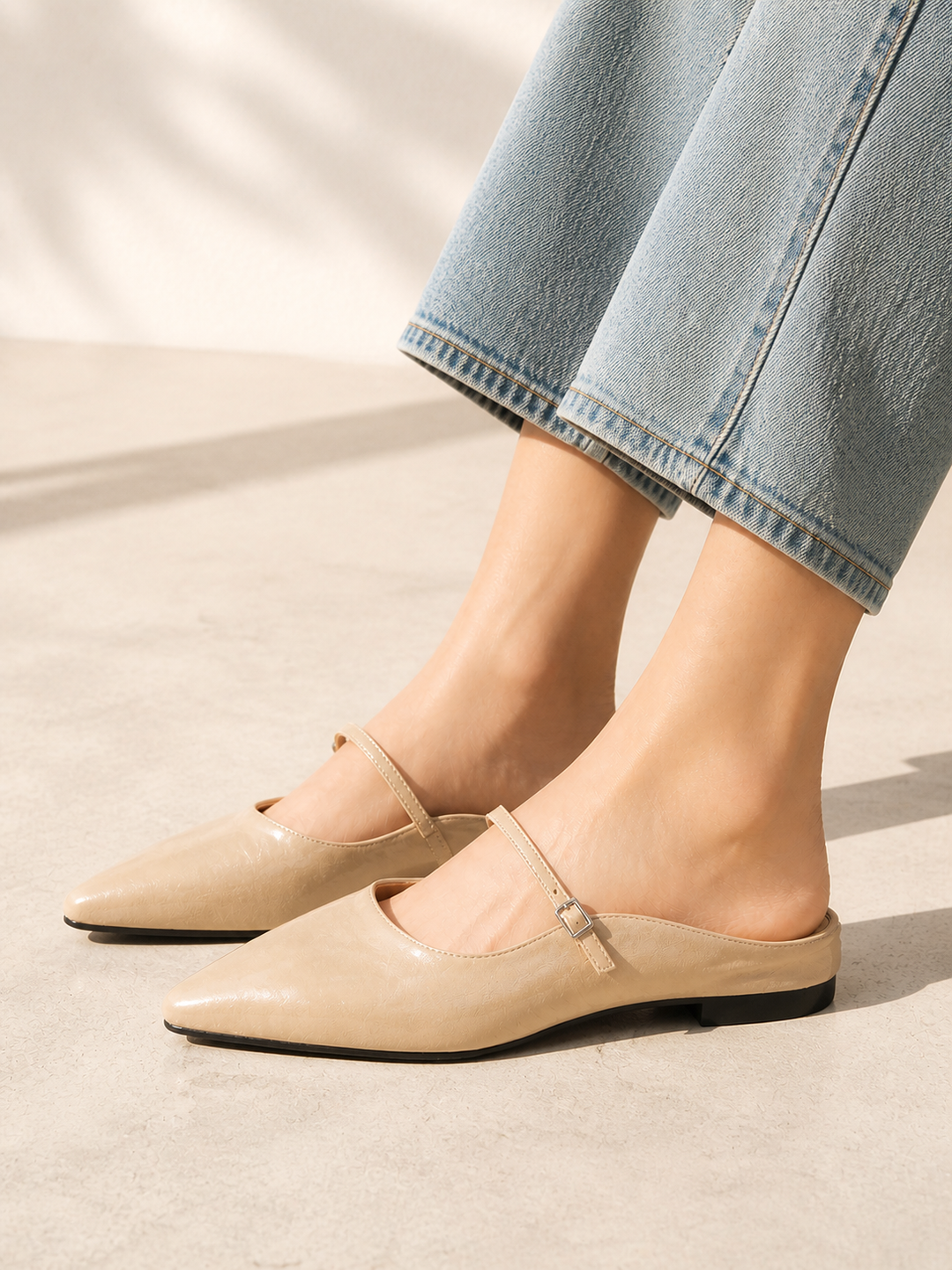 Pointed Toe Slip-On Mules for Women – Mary Jane Strap Detail, Cushioned Interior