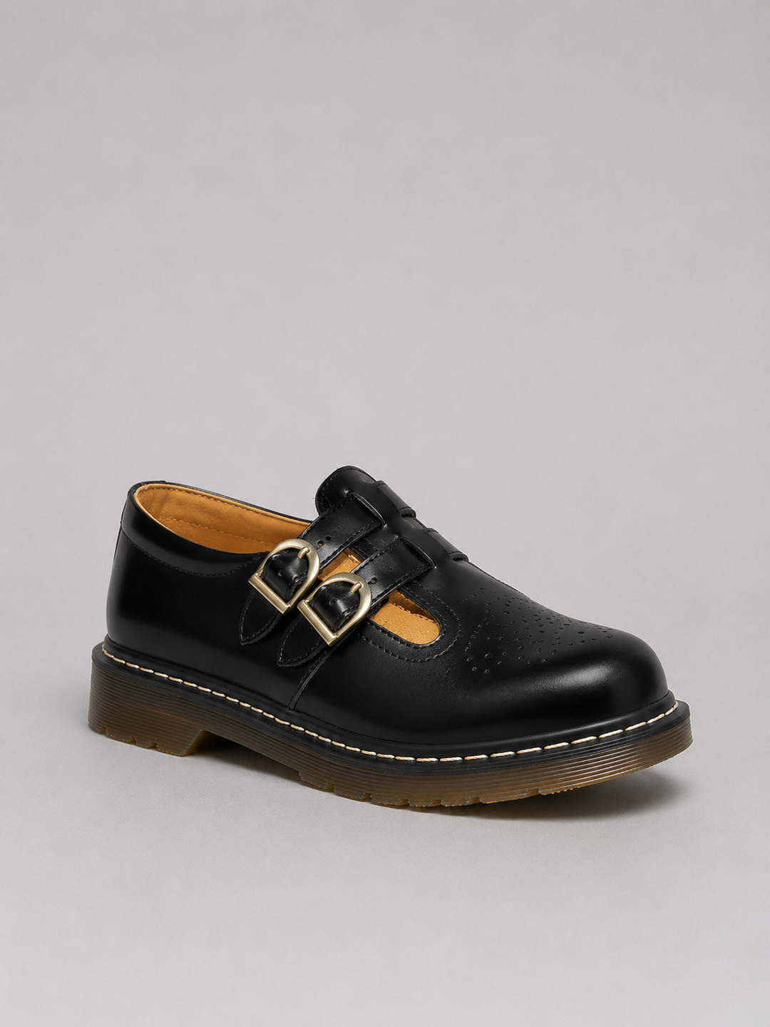 Faux Leather Double Buckle Mary Jane Flats for Women – Chunky Sole, Soft Lining