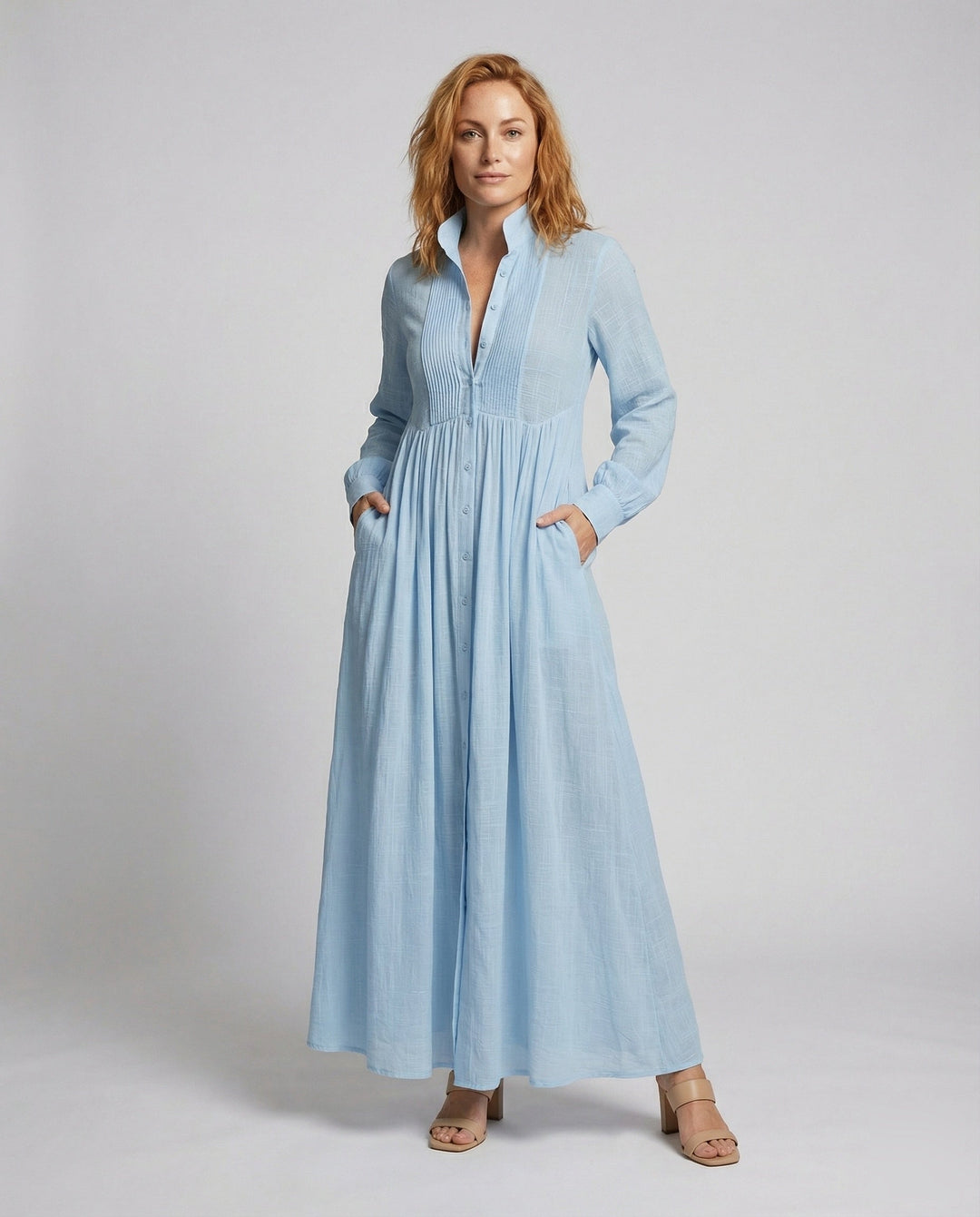 Button-Front Maxi Shirt Dress for Women – Gathered Waist, Side Pockets, Lightweight Fabric