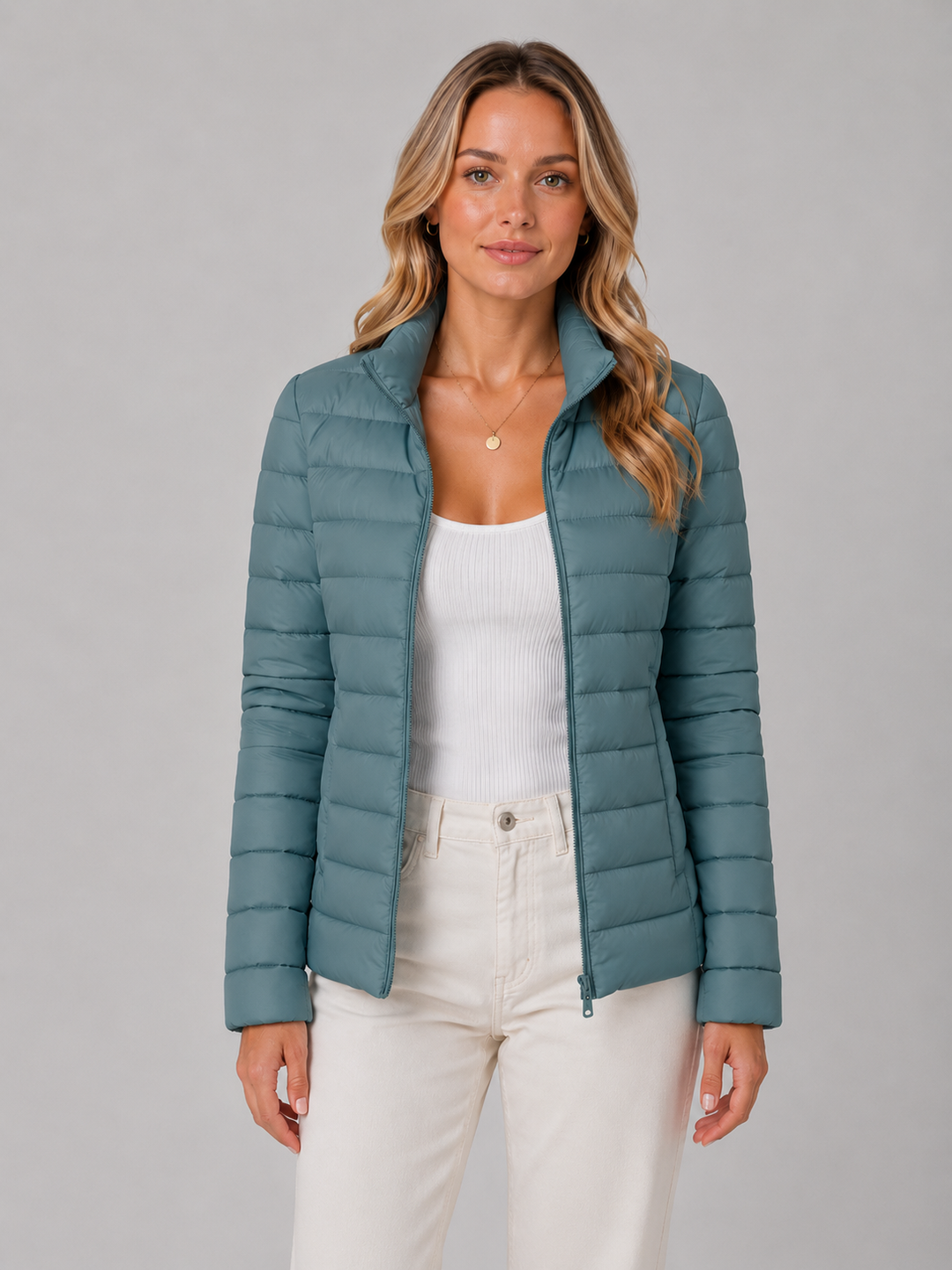 Quilted Stand Collar Puffer Jacket for Women – Full Zip, Lightweight Padding in Blue
