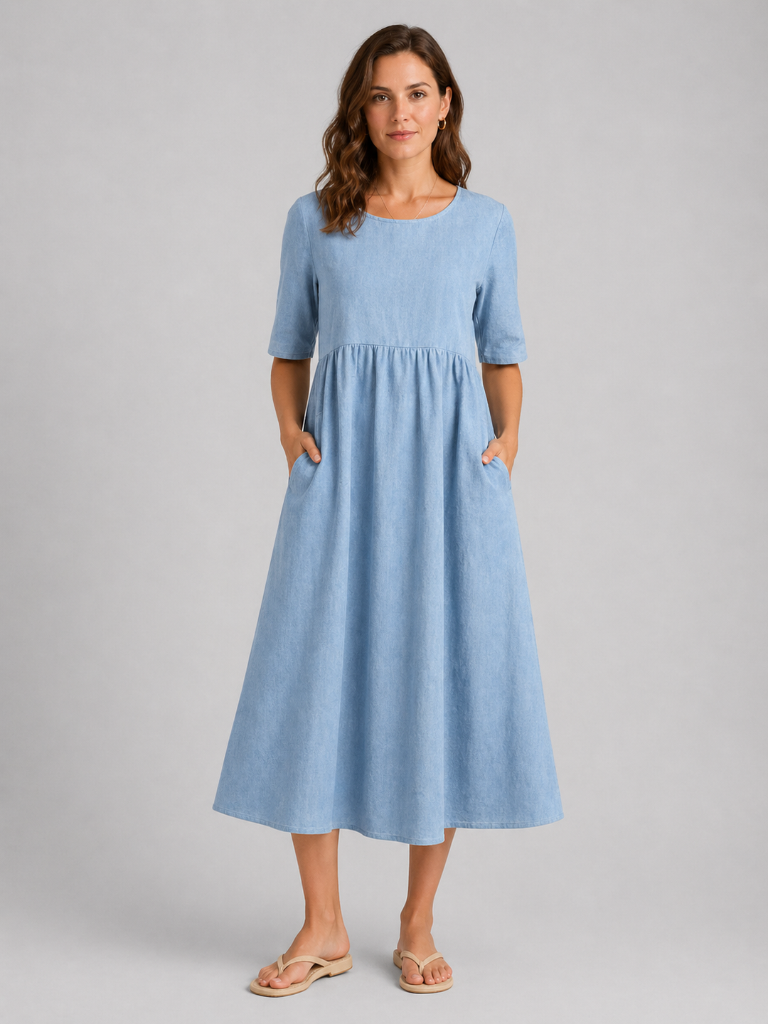 Linen Blend Midi Dress for Women – Relaxed Fit, Breathable Fabric, Easy Care