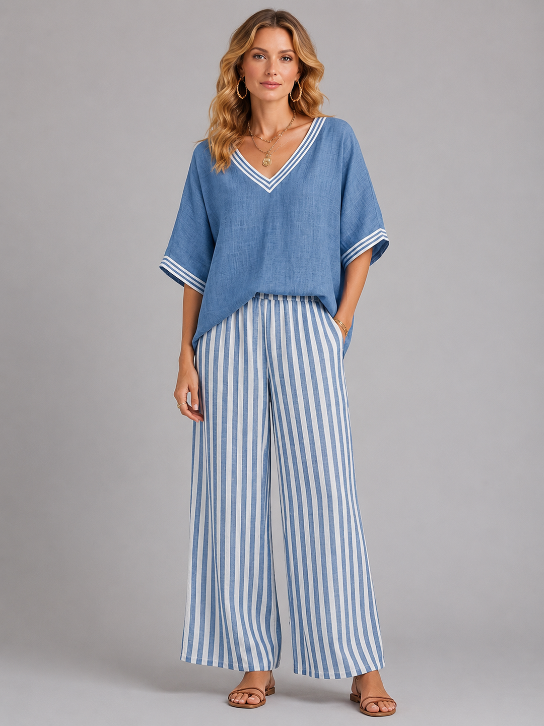 Linen-Look Two-Piece Set for Women – Oversized V-Neck Top, Striped Wide-Leg Pants