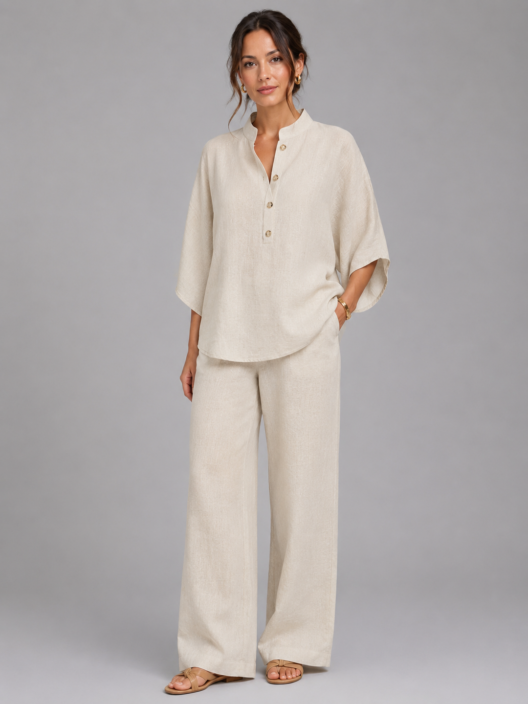 Linen-Blend Button-Up Top and Wide-Leg Pants Set for Women – Relaxed Two-Piece