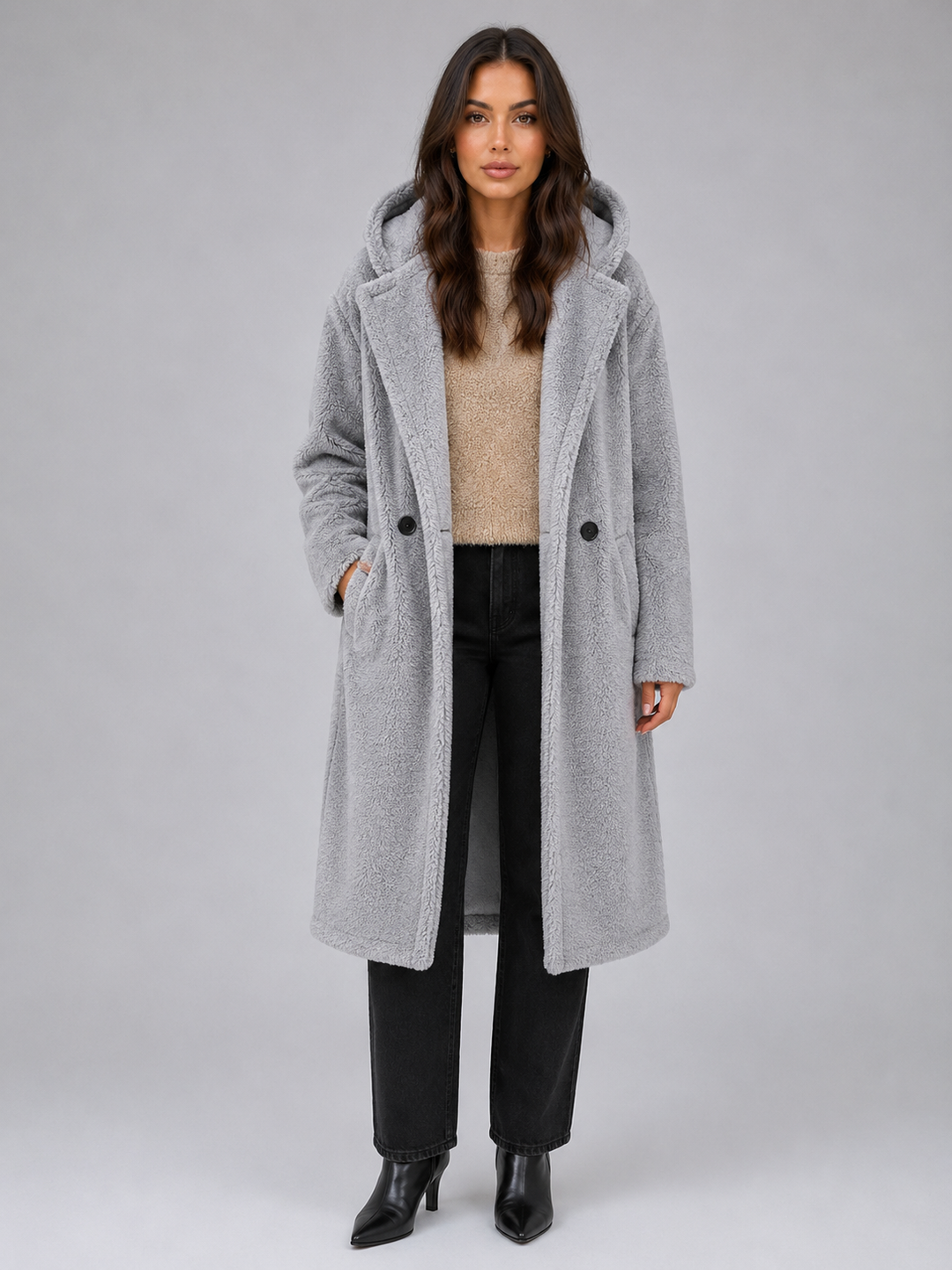 Longline Hooded Teddy Borg Coat for Women – Oversized Fit, Faux Shearling Fleece