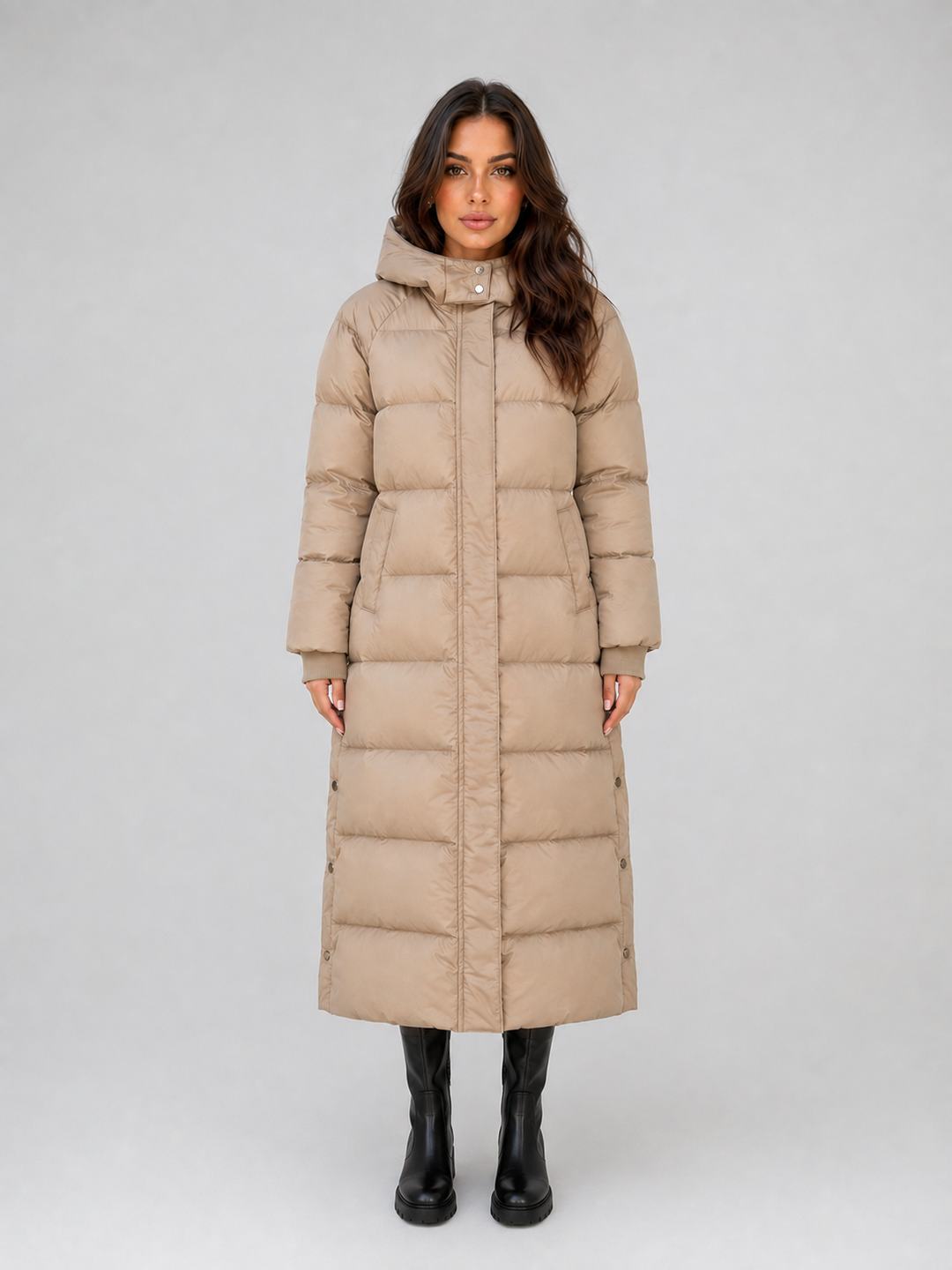 Padded Longline Puffer Coat for Women – Attached Hood, High Neck, Side Pockets