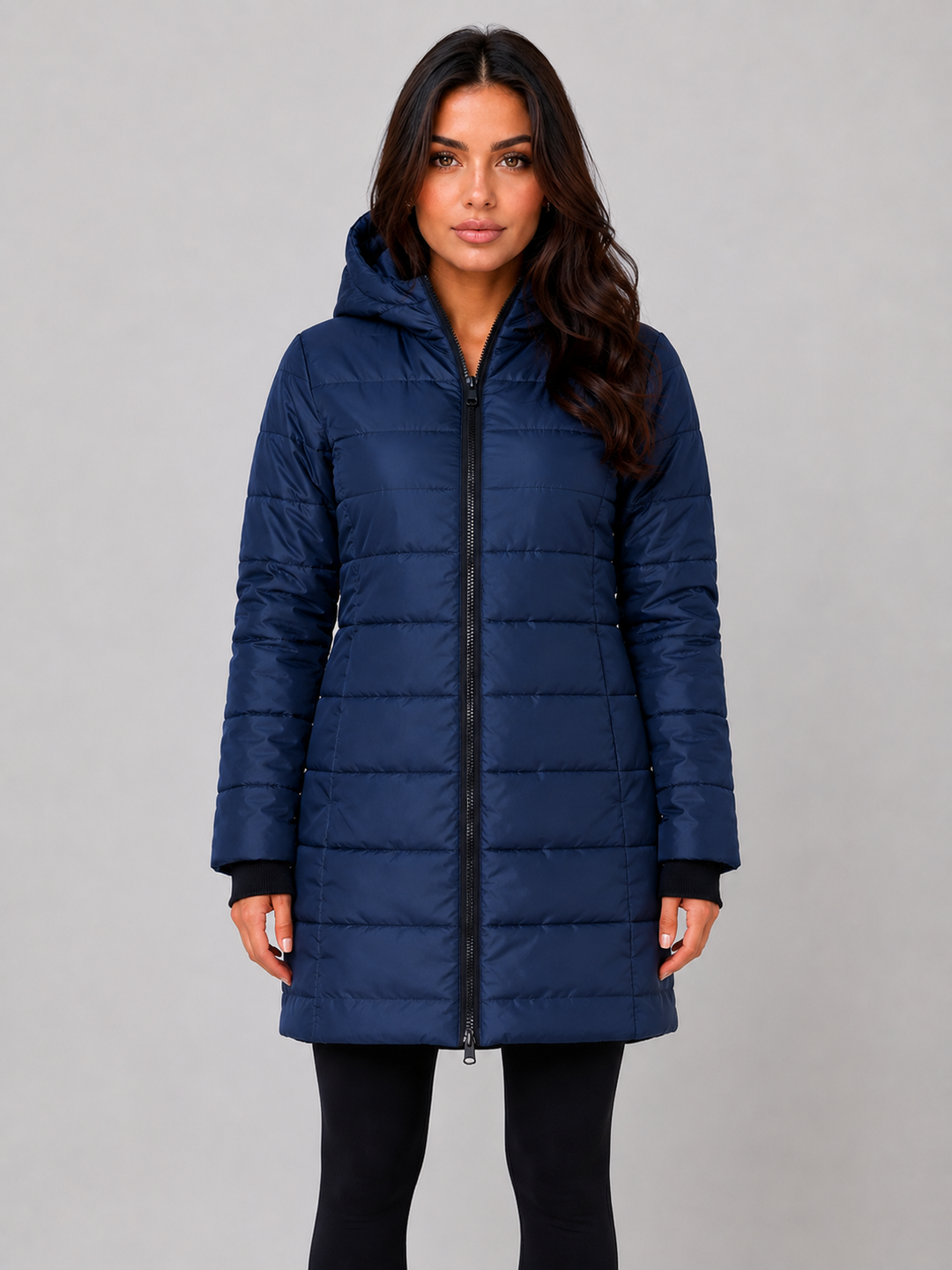 Hooded Long Puffer Coat for Women – Padded Quilting, Full Zip, Ribbed Cuffs