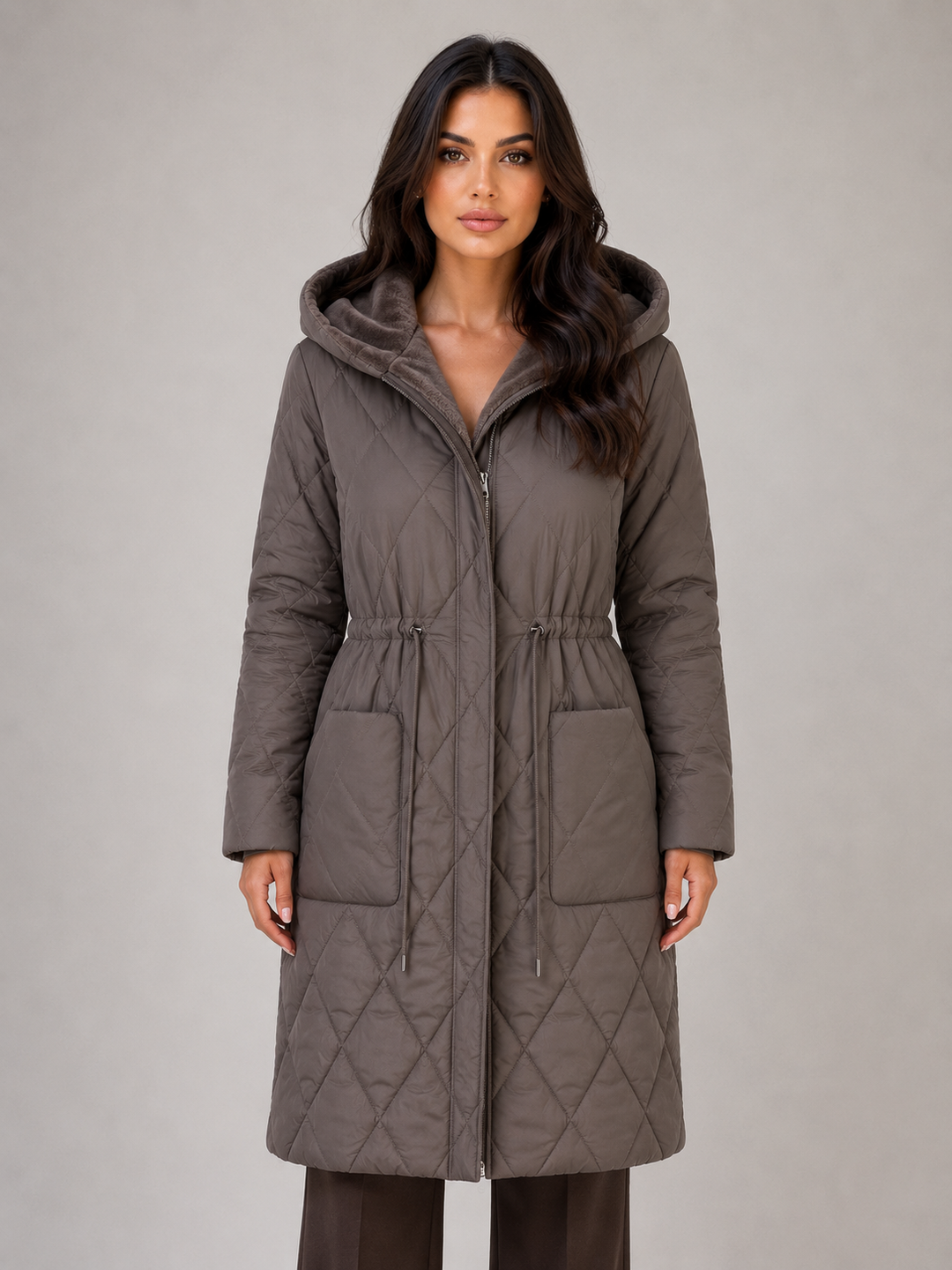 Long Diamond Quilted Puffer Coat for Women – Faux Fur Collar, Drawstring Waist in Brown