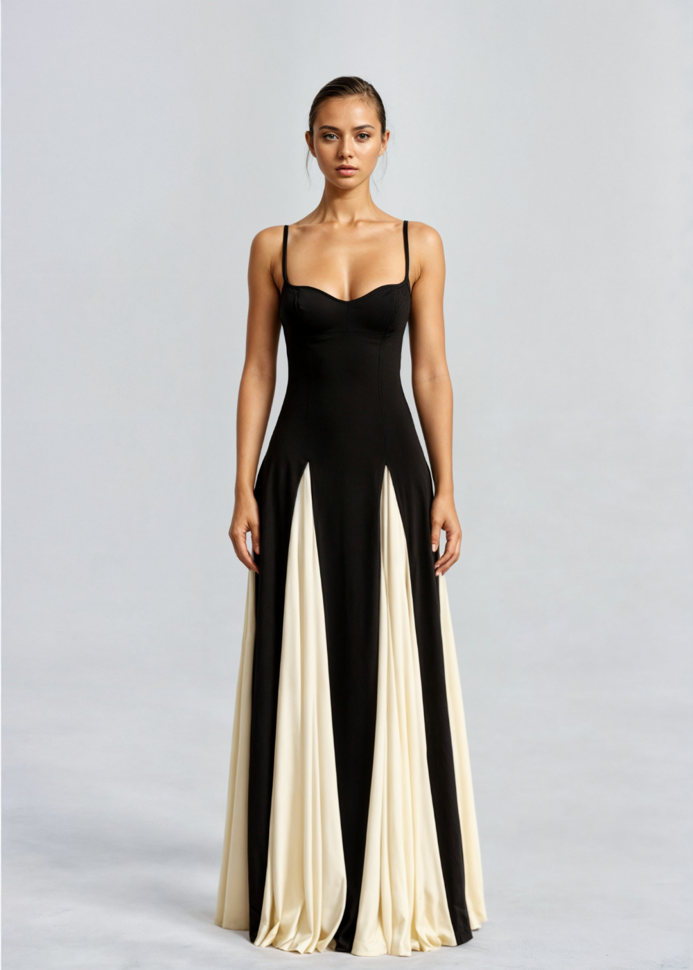 Two-Tone Maxi Cocktail Dress for Women – Sculpted Top, Adjustable Straps in Black and White