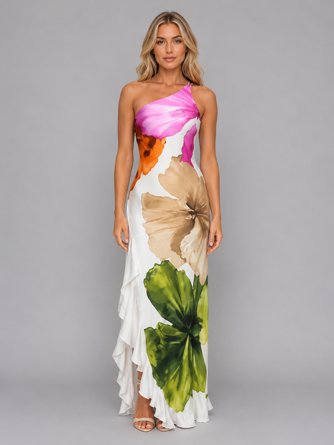 One-Shoulder Oversized Floral Maxi Dress for Women – Ruffle Hem, Lightweight Fabric