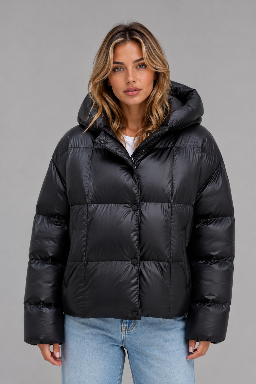 Oversized Padded Hooded Puffer Jacket for Women – High Collar, Wide Sleeves