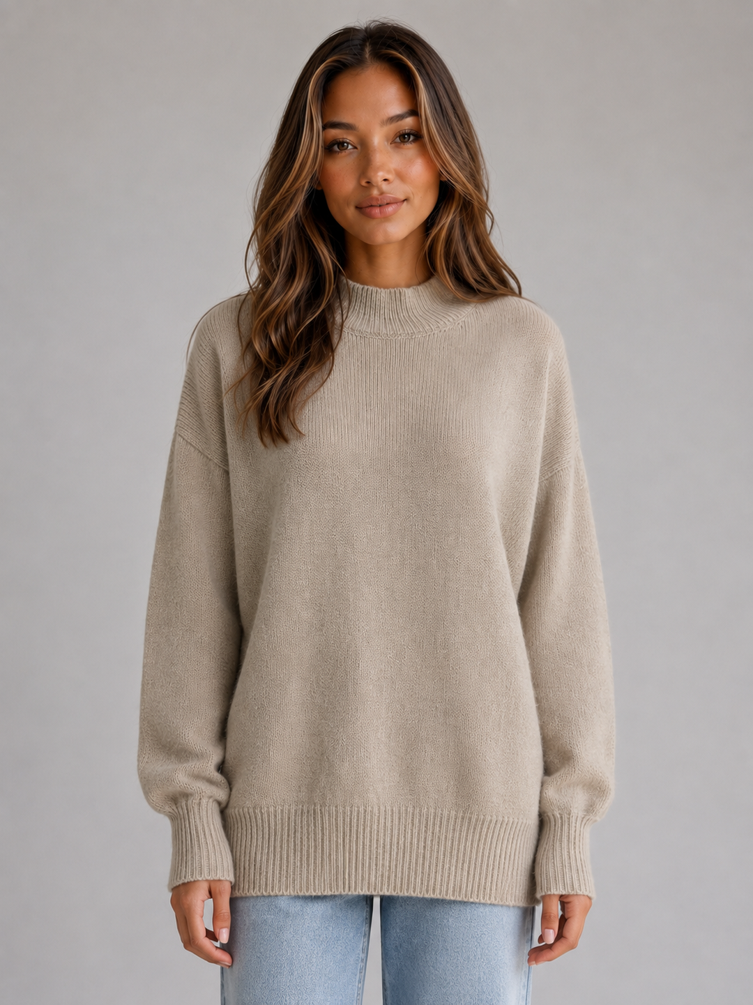 Oversized Longline Knit Sweater for Women – High Neck, Dropped Shoulders, Side Slits