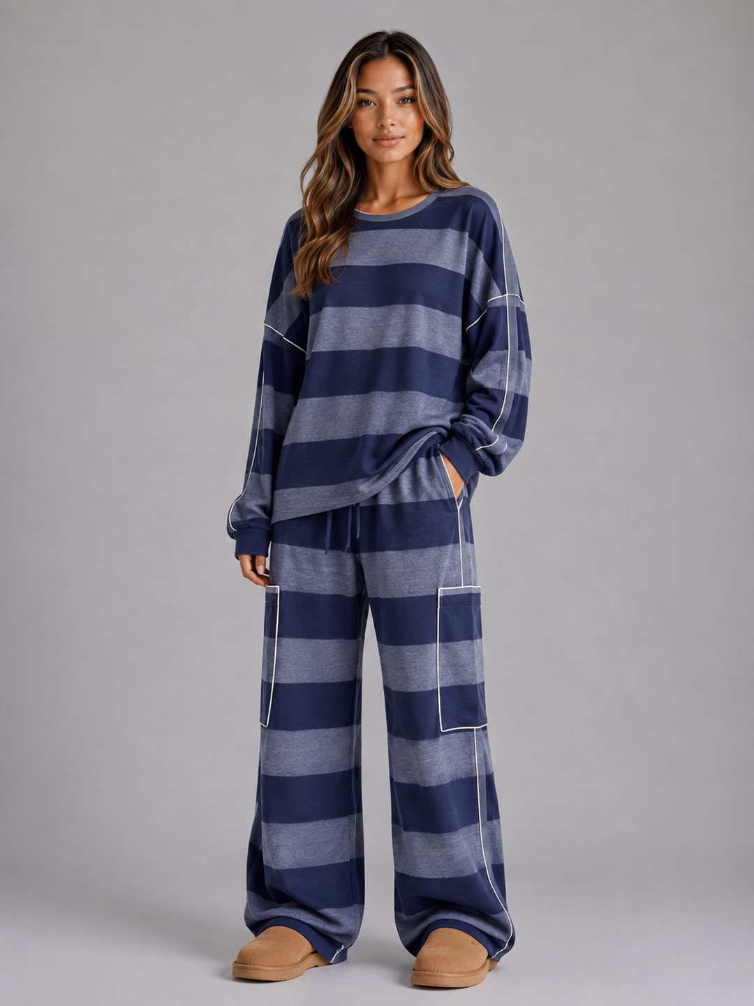 Striped Two-Piece Lounge Set for Women – Oversized Sweatshirt, Cargo-Style Pockets