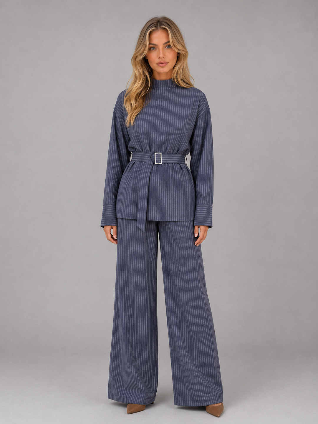 Women's Pinstripe Two-Piece Set – High Neck Top, Wide-Leg Pants, Waist Belt in Blue