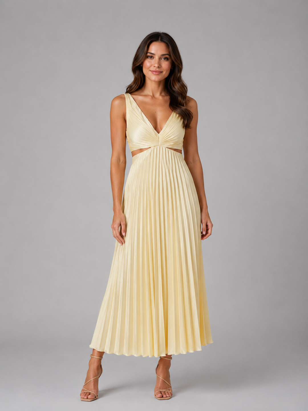 Pleated Cut-Out Waist Midi Dress for Women – Gathered V-Neck, Relaxed Fit