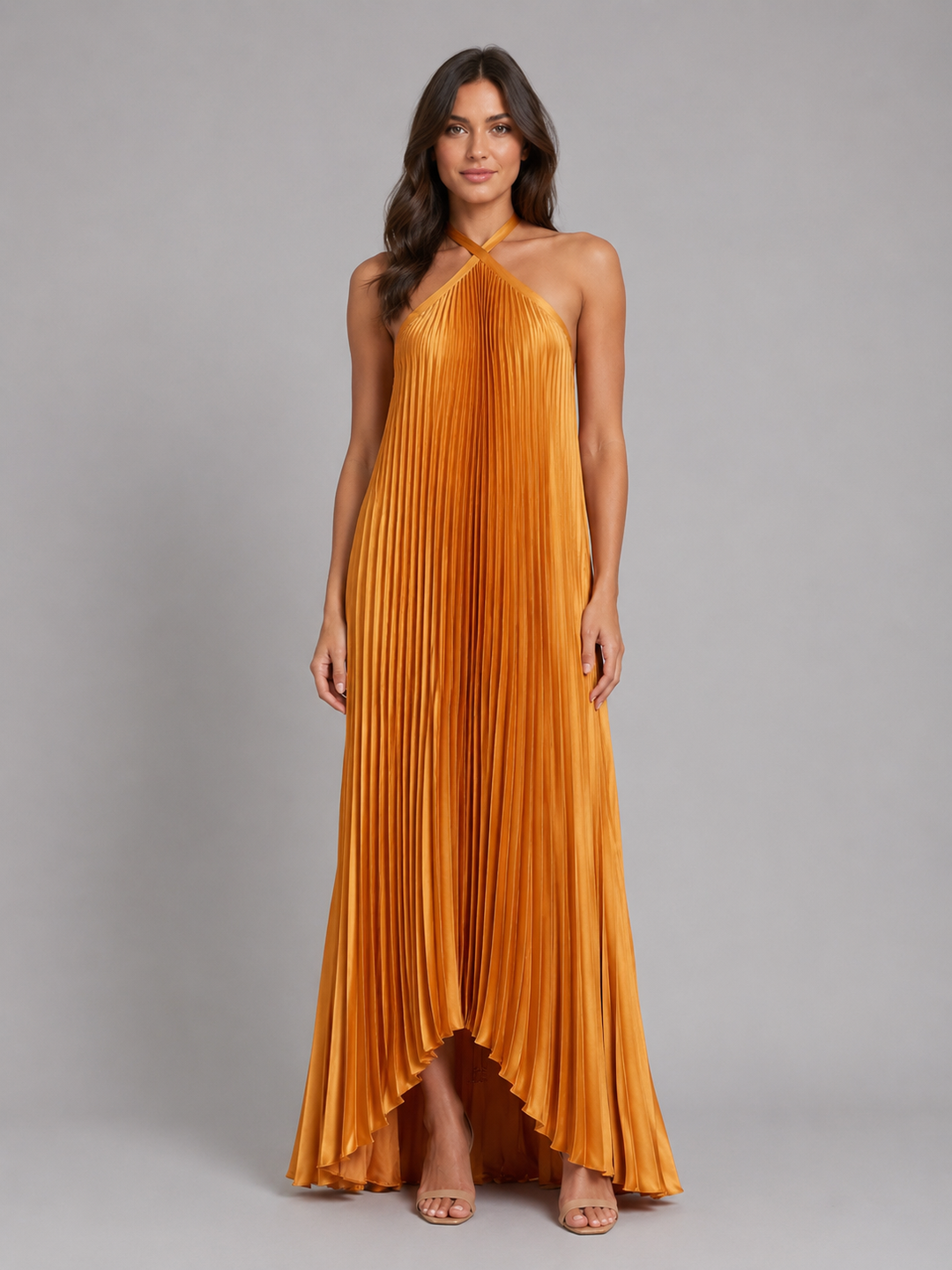 Pleated Halterneck Maxi Dress for Women – Cross-Front Neckline, Open Tie Back in Orange