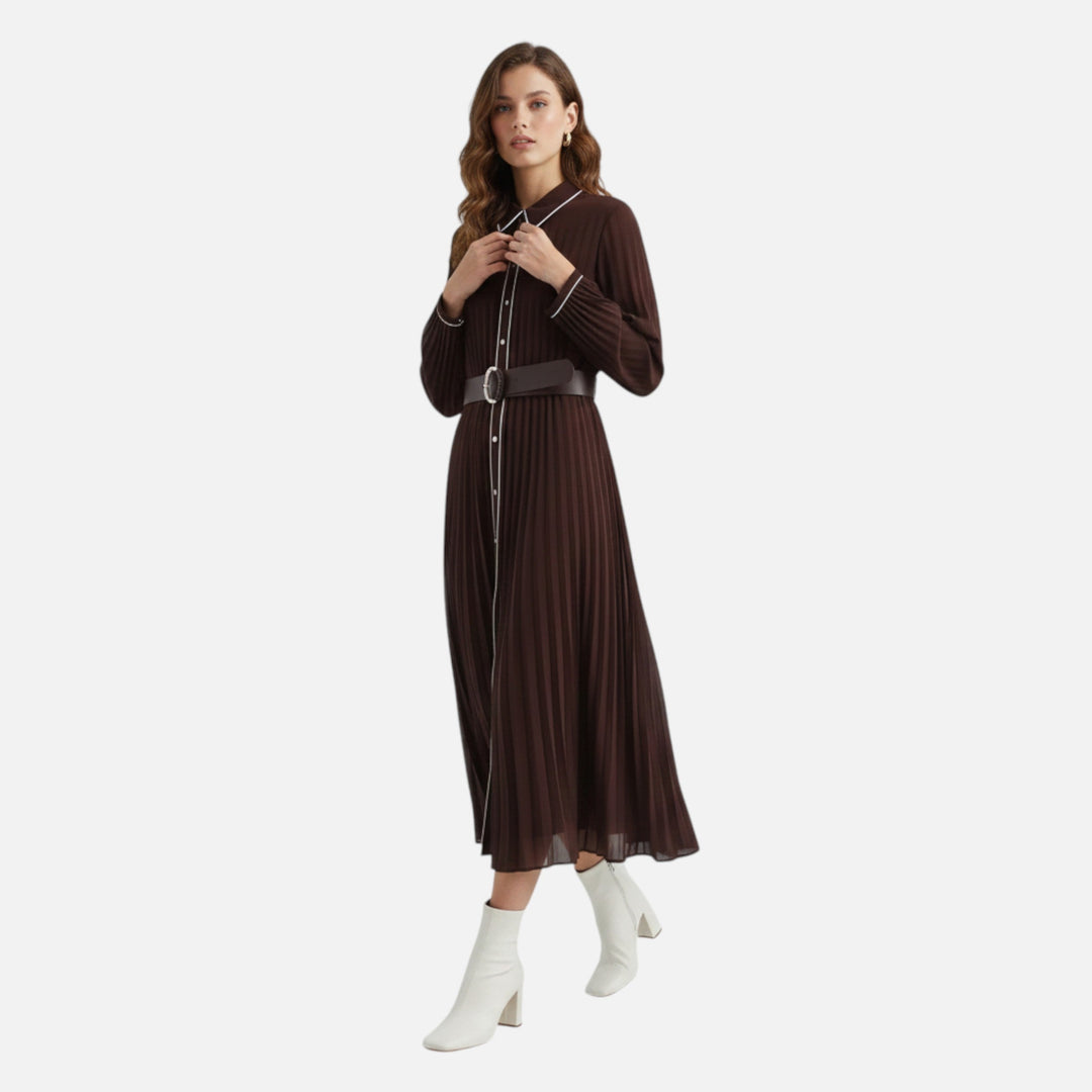 Pleated Collared Midi Dress for Women – Long Sleeves, Lightweight Chiffon Fabric in Brown
