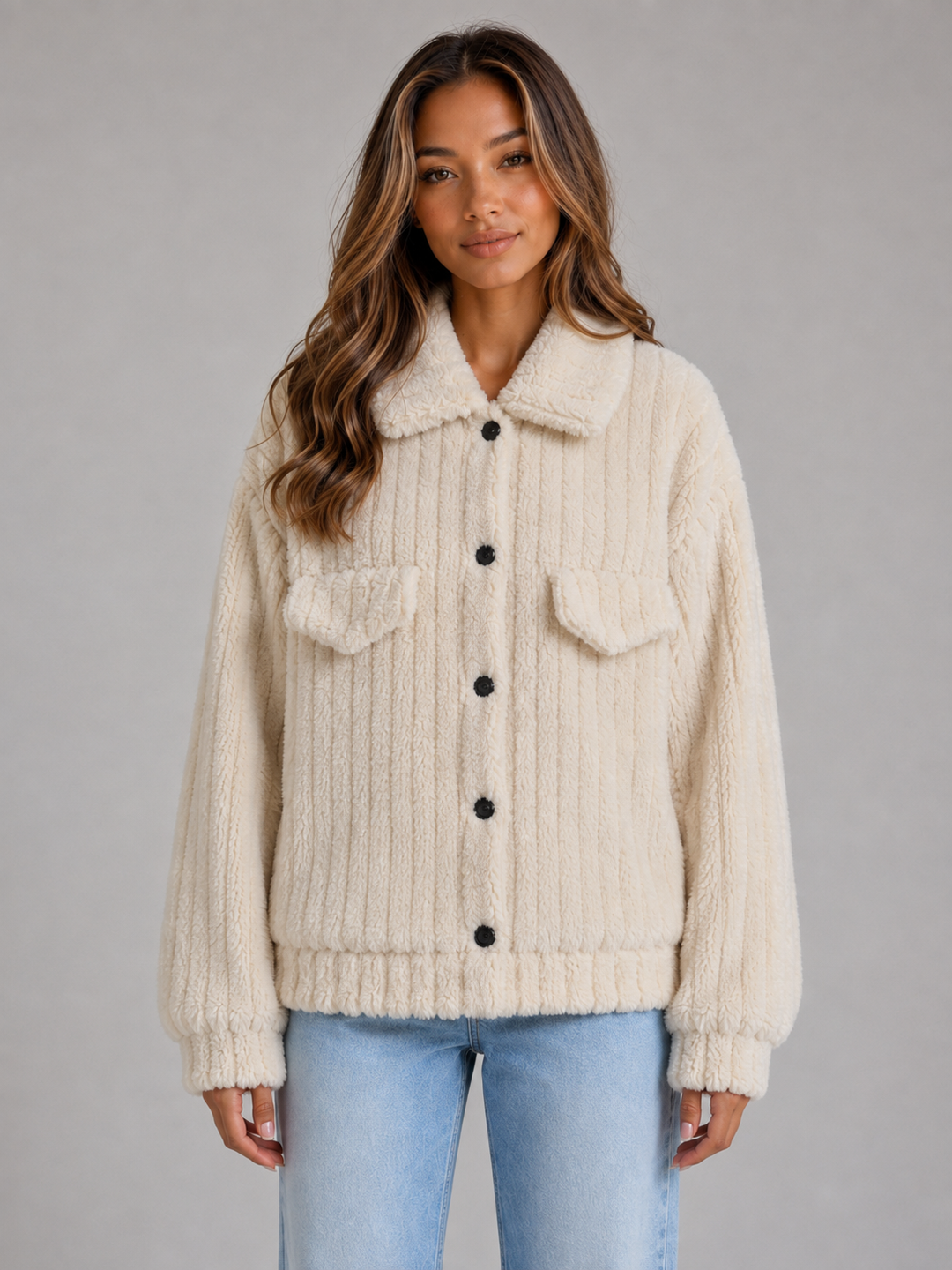 Collared Teddy Fleece Jacket for Women – Button Front, Chest Flap Pockets, Gathered Hem