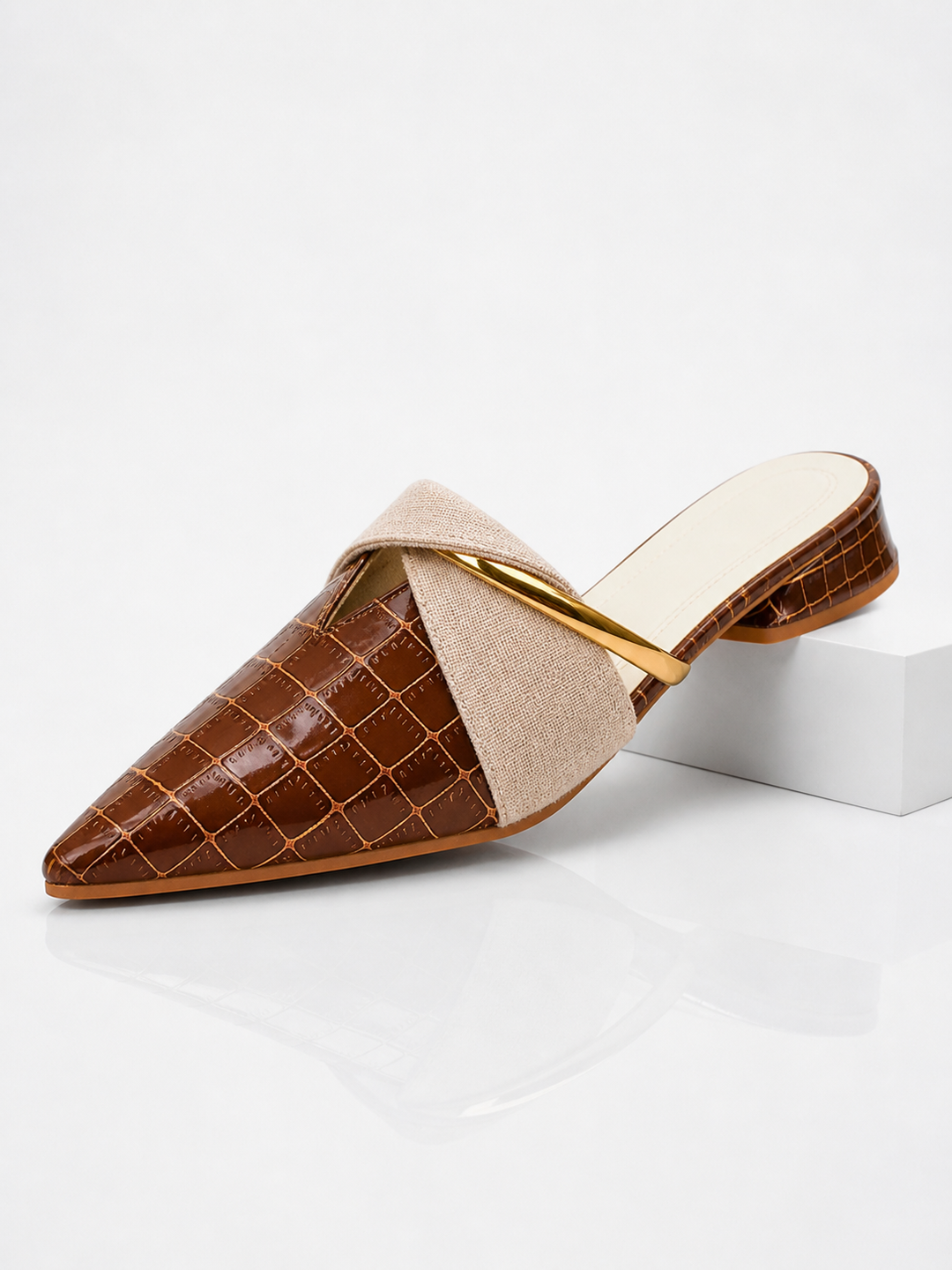 Croc-Effect Pointed Toe Mule Heels for Women – Crossover Strap, Low Block Heel