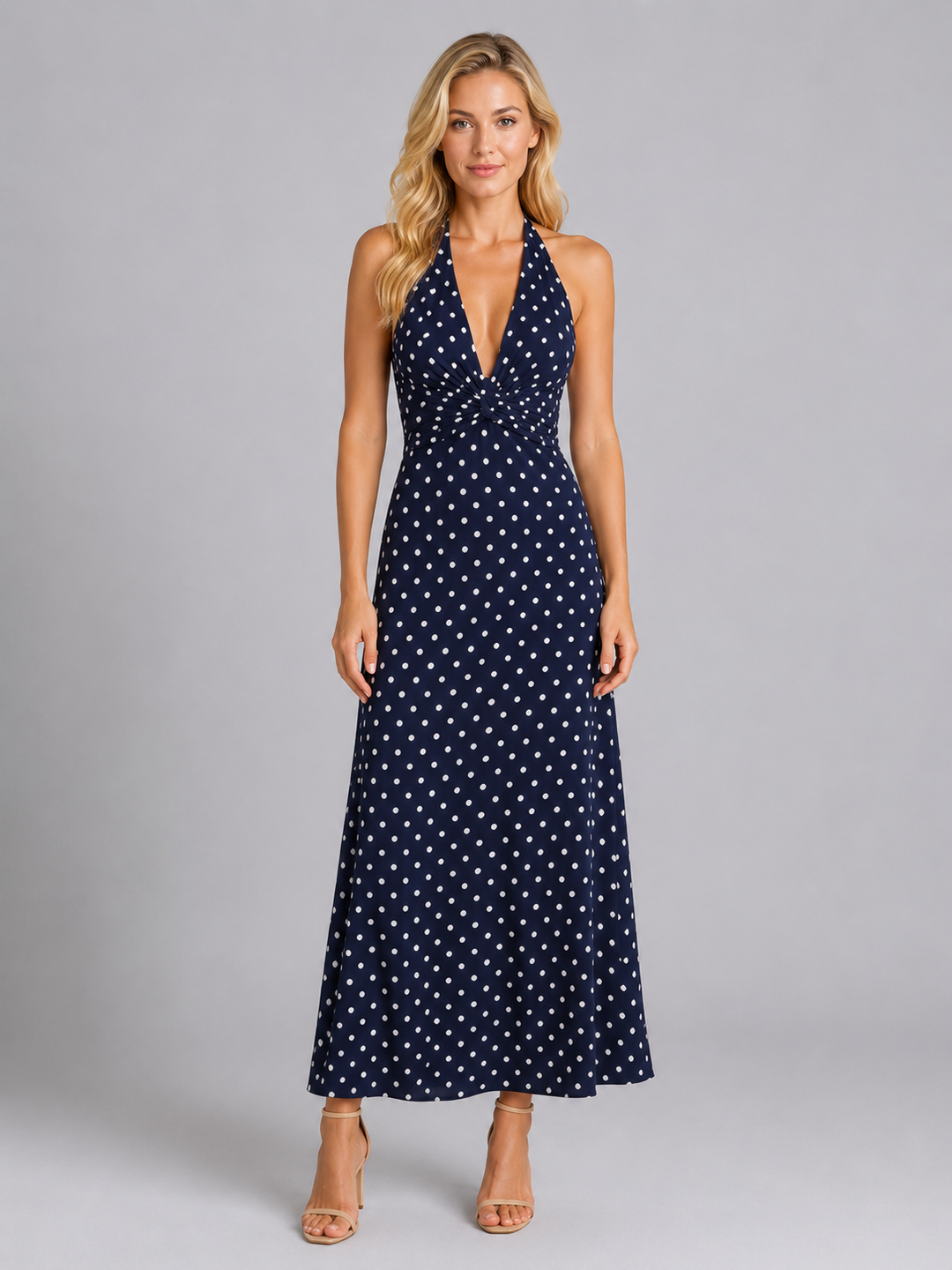 Polka Dot Halter Maxi Dress for Women – Fitted Bodice, Sleeveless, Flowing Skirt