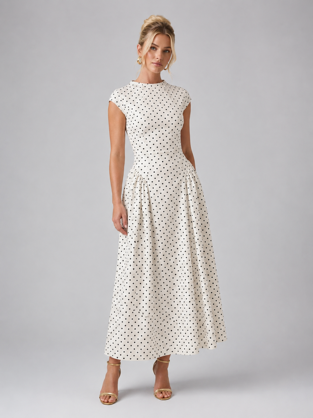 Polka Dot Maxi Dress for Women – Cap Sleeves, Pleated A-Line Skirt, Back Zip in White