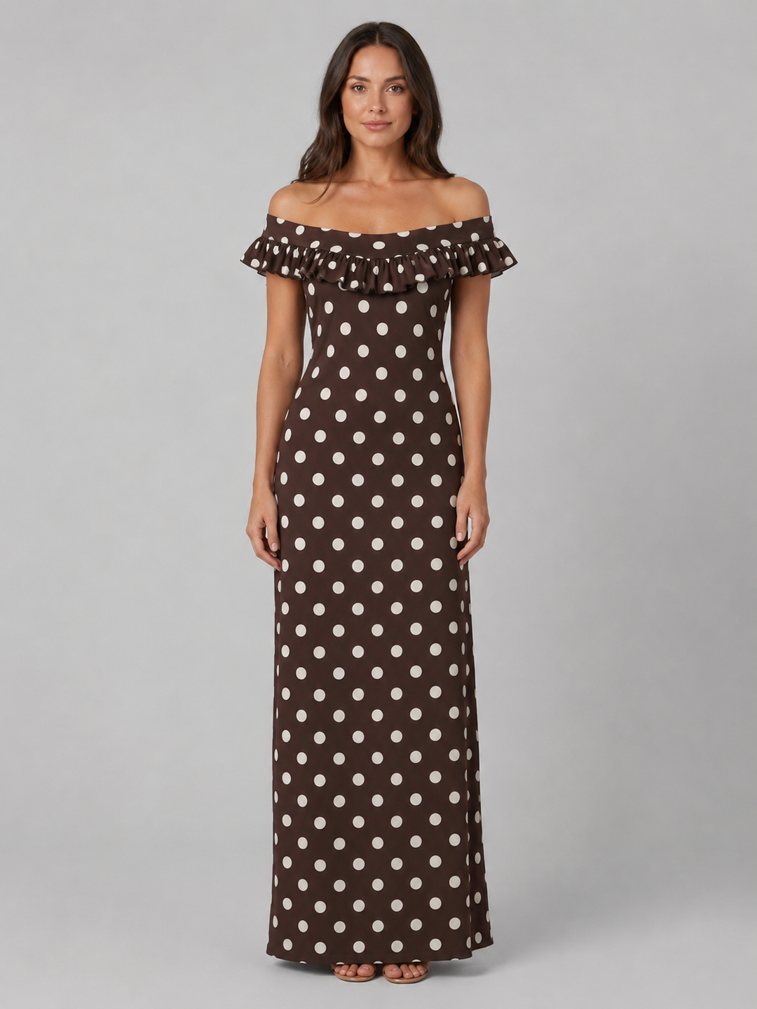Polka Dot Off-Shoulder Maxi Dress for Women – Ruffle Neckline, Stretch Fabric in Brown