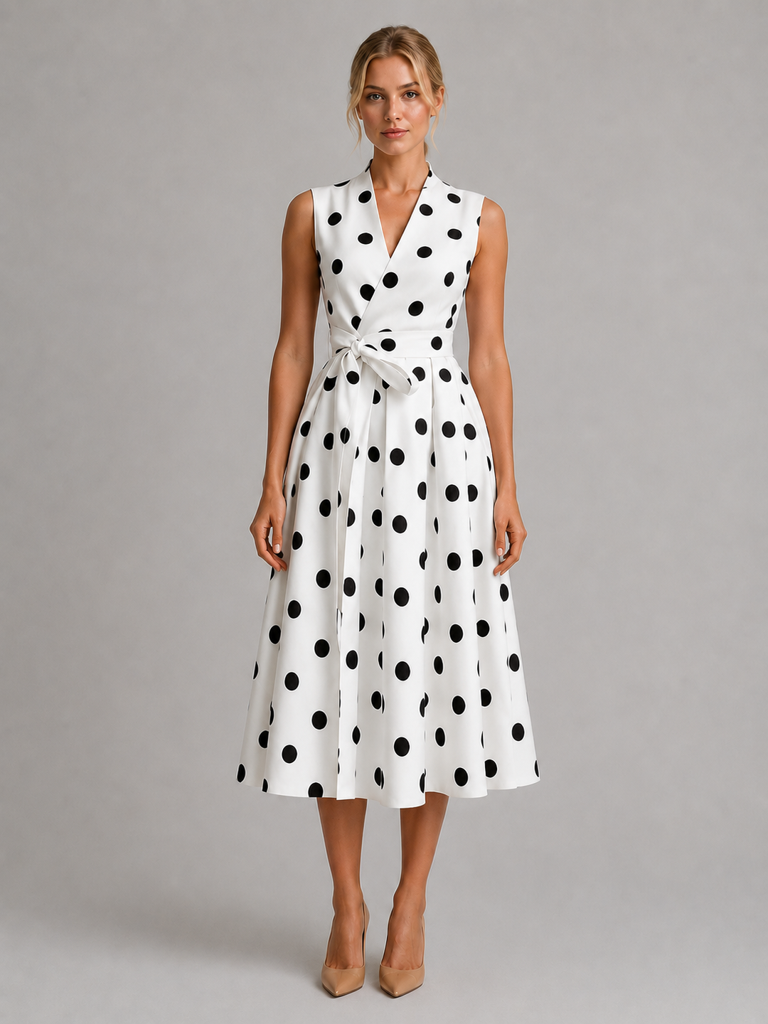 Polka Dot Sleeveless V-Neck Midi Dress for Women – Waist Tie, Full Skirt