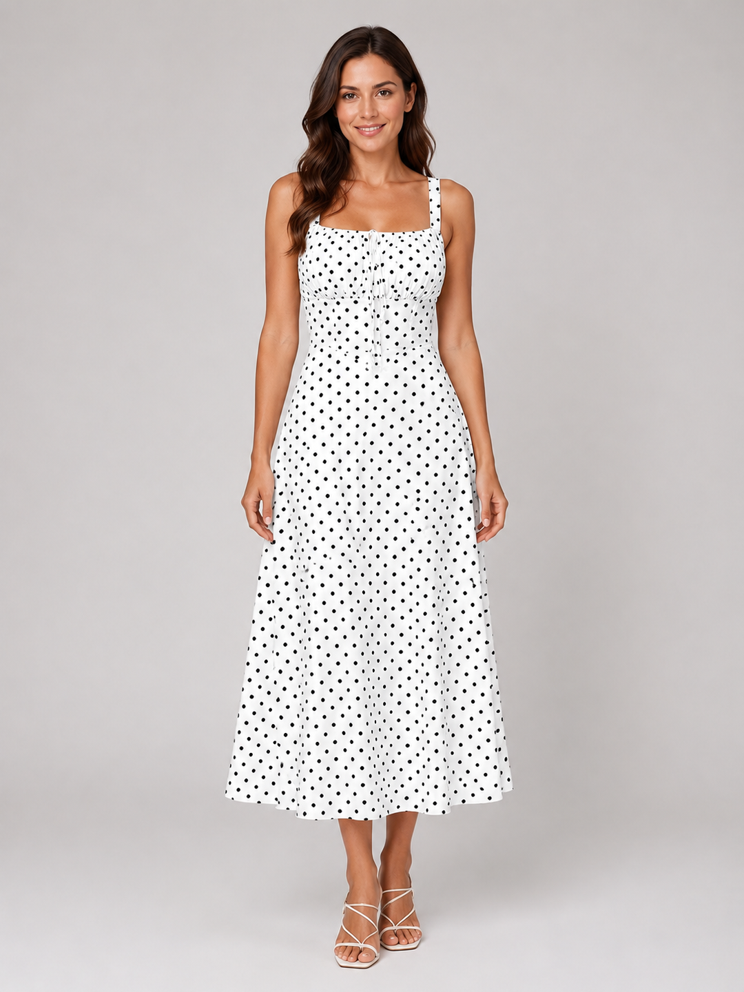 Polka Dot Square Neck Midi Dress for Women – Ruched Bodice, Sleeveless in White