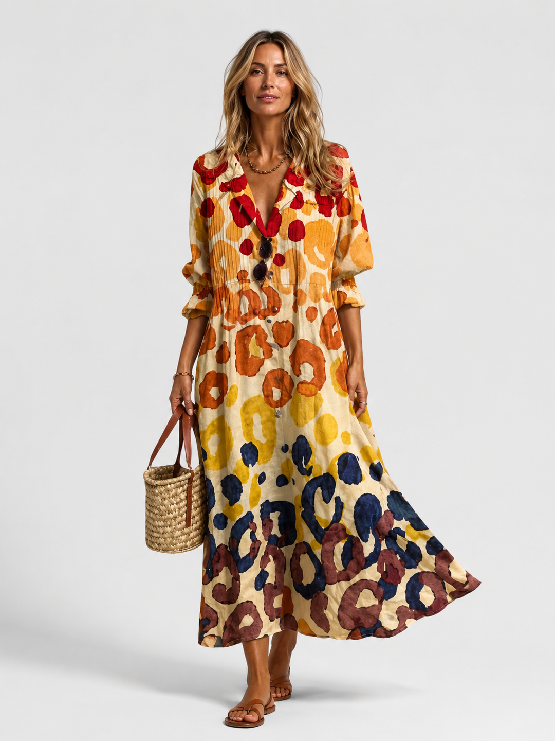 Printed Button-Front Shirt Dress for Women – Soft Collar, Relaxed Flowing Fit, Woven Fabric