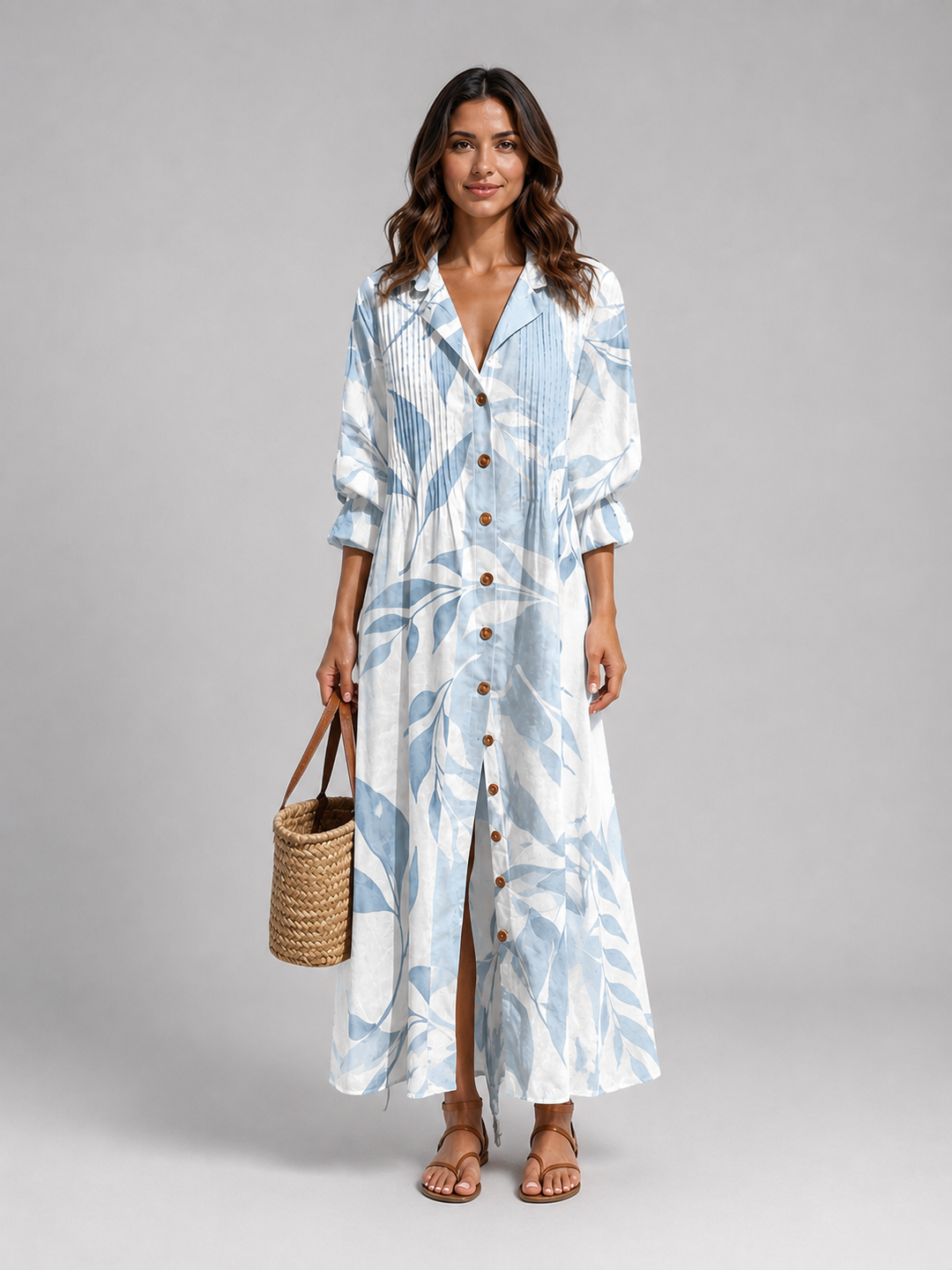 Button-Front Printed Maxi Shirt Dress for Women – Soft Collar, Relaxed Flowing Fit