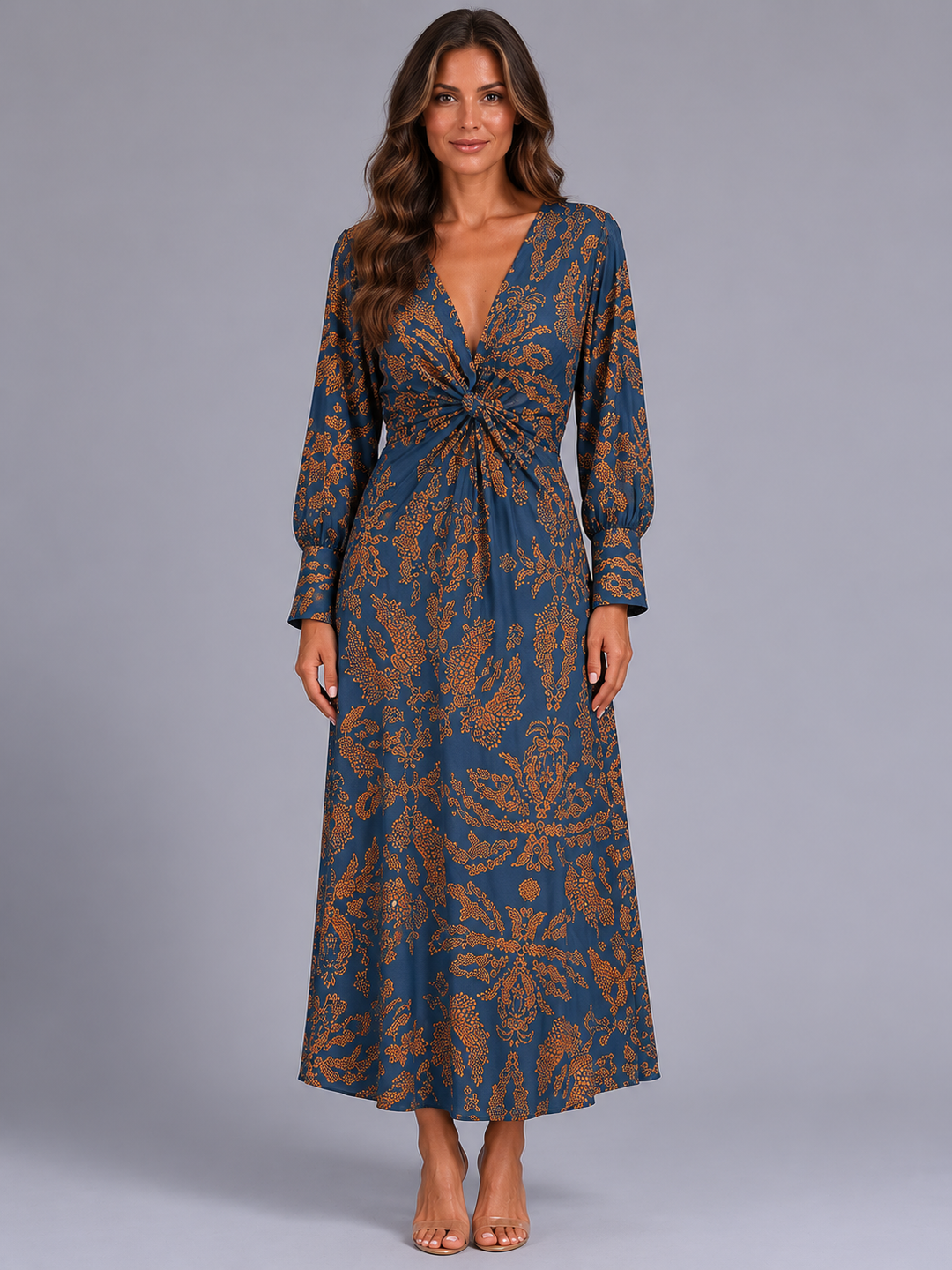 Printed V-Neck Midi Dress for Women – Knot-Front Waist, Long Sleeves