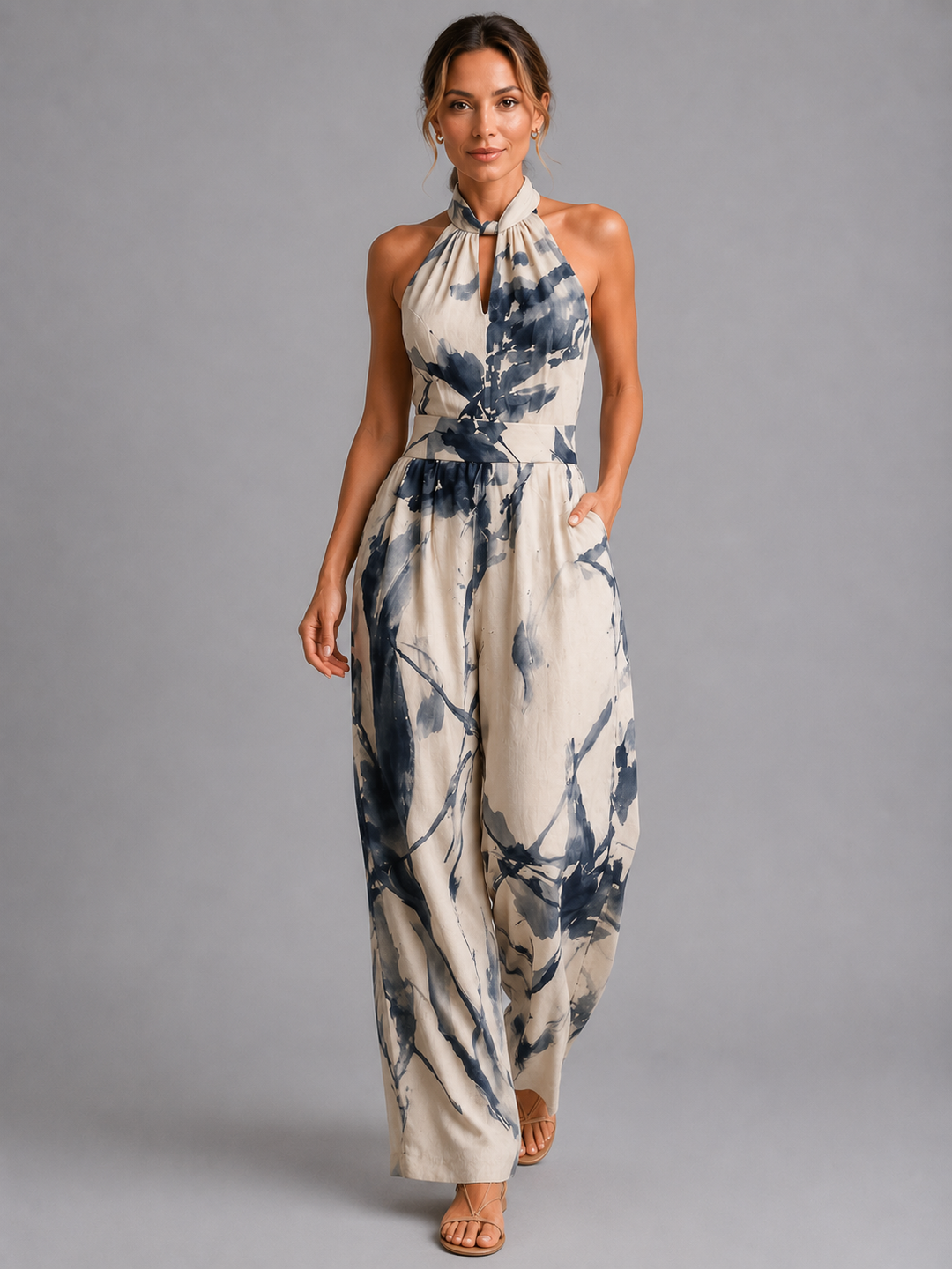 Printed Halter Neck Wide-Leg Jumpsuit for Women – Side Pockets, Lightweight Fabric