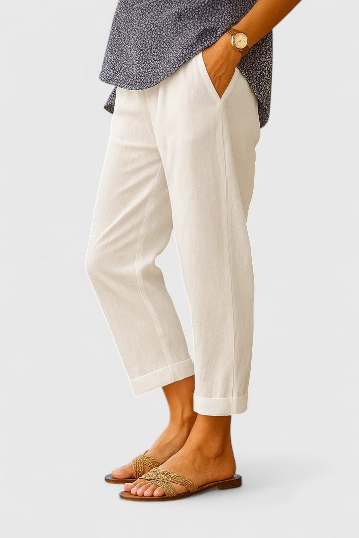 Relaxed Straight-Leg Cropped Pants for Women – Elastic Waist, Side Pockets, Lightweight Fabric