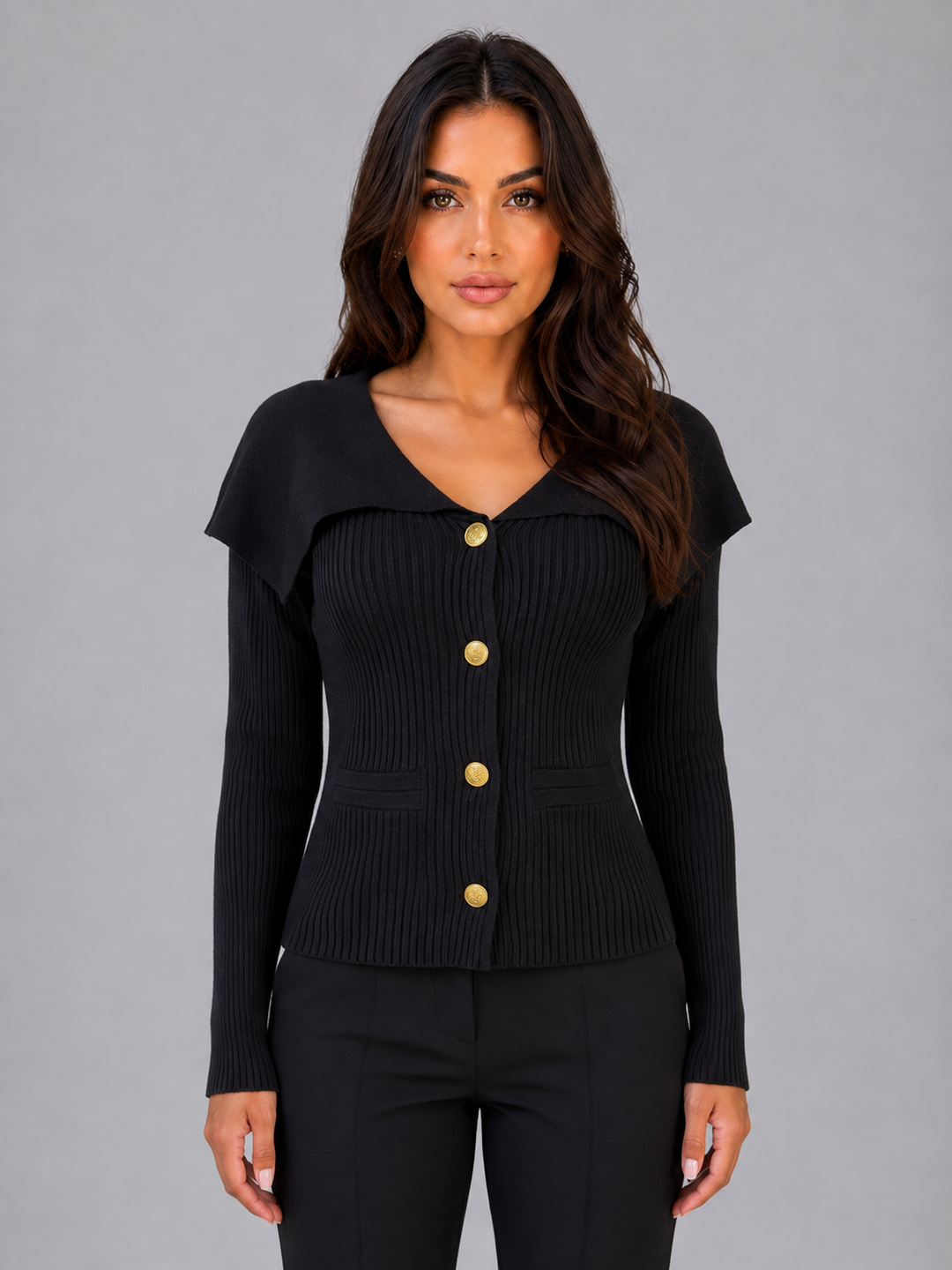 Ribbed Knit Cape Collar Cardigan for Women – Gold-Tone Buttons, Front Pockets