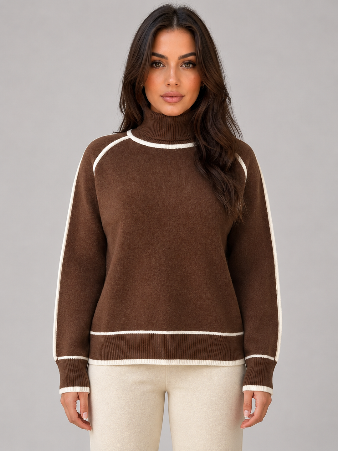 Relaxed Roll Neck Sweater for Women – Contrast Trim, Raglan Sleeves