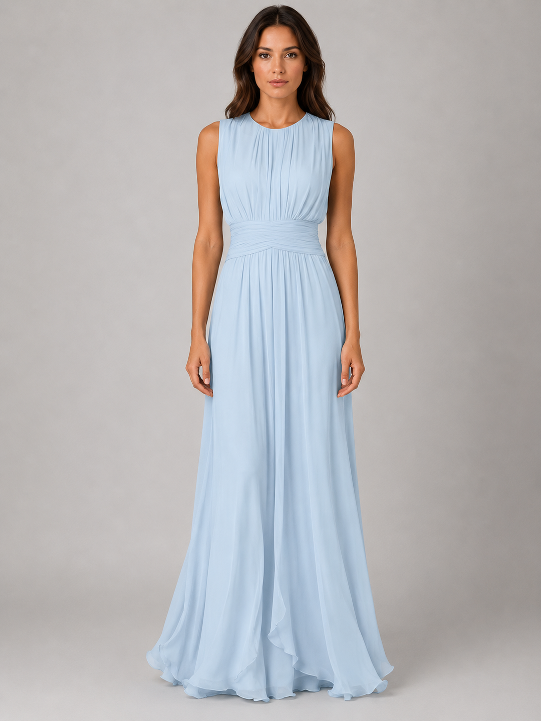 Ruched Chiffon Maxi Dress for Women – High Neckline, Gathered Bodice, Sleeveless