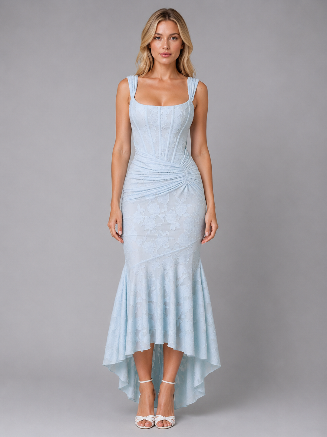 Ruched Lace Midi Dress for Women – Sculpted Bodycon Fit, Structured Bodice, Flowing Hem
