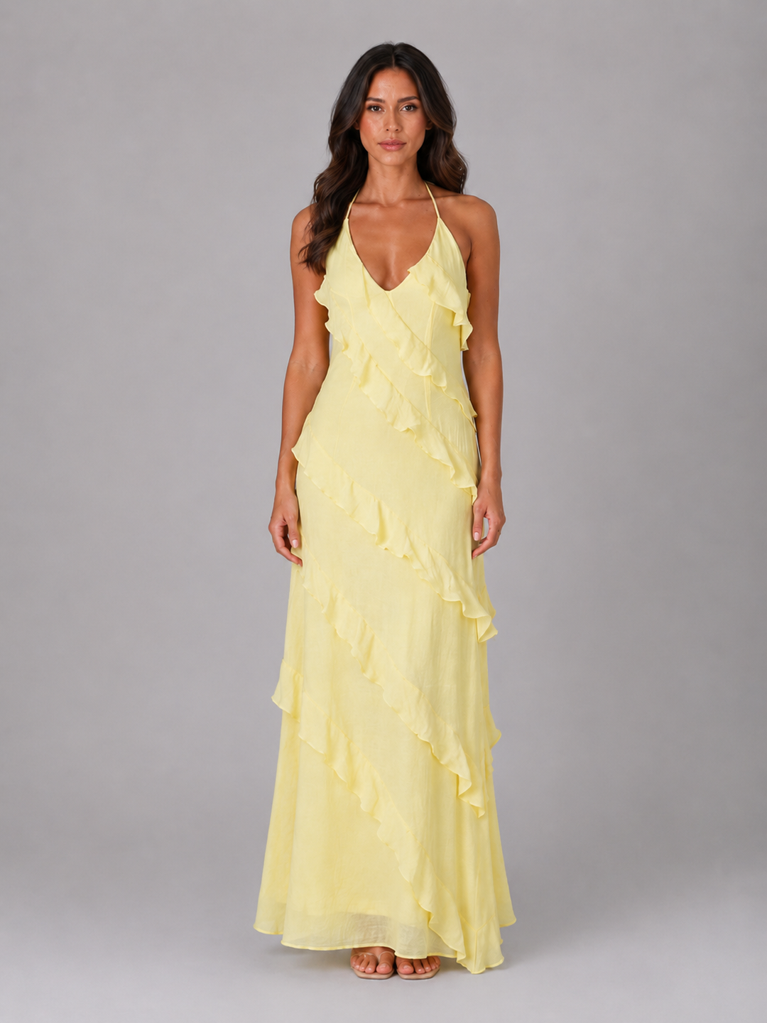 Halter Neck Tiered Ruffle Maxi Dress for Women – Body-Skimming Fit in Yellow