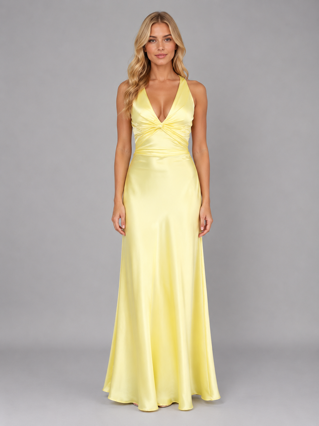 Satin-Look Ruched Halter Maxi Dress for Women – Deep V-Neckline, Floor Length in Yellow