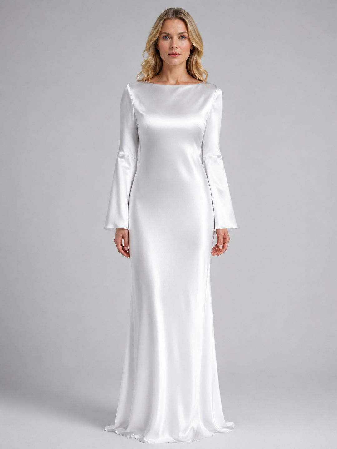 Satin-Feel Long Sleeve Maxi Dress for Women – Tailored Waist, Flowing Cuffs