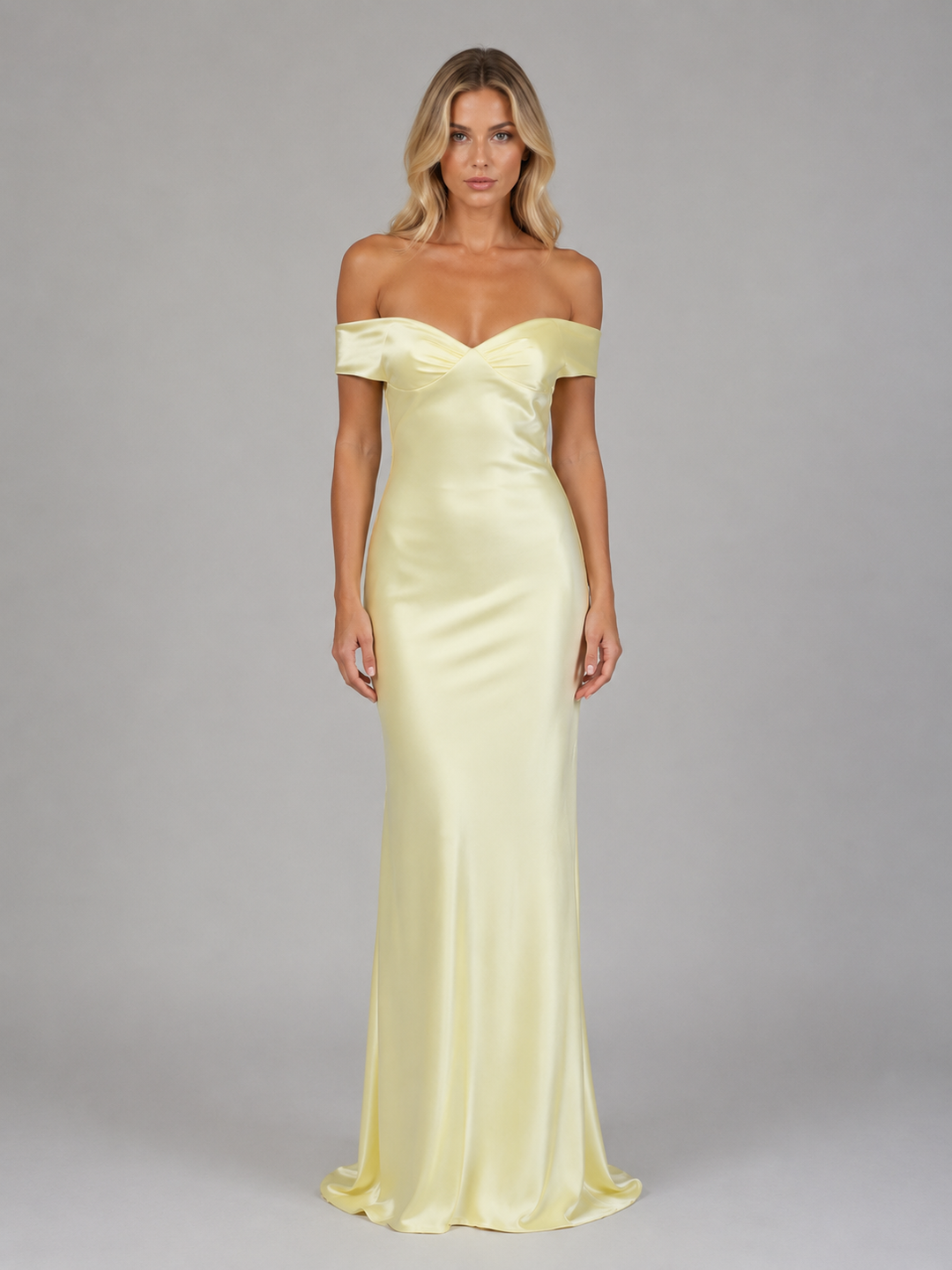 Satin-Feel Off-Shoulder Maxi Dress for Women – Fitted Silhouette, Lightweight in Yellow