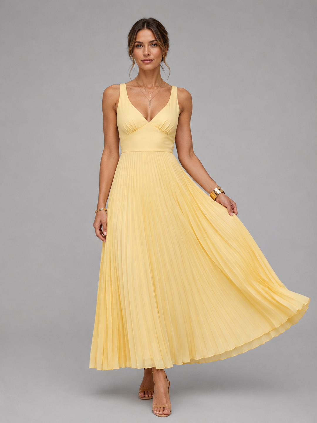 Satin-Feel Pleated Maxi Dress for Women – Defined Waist, Flowing Skirt in Yellow