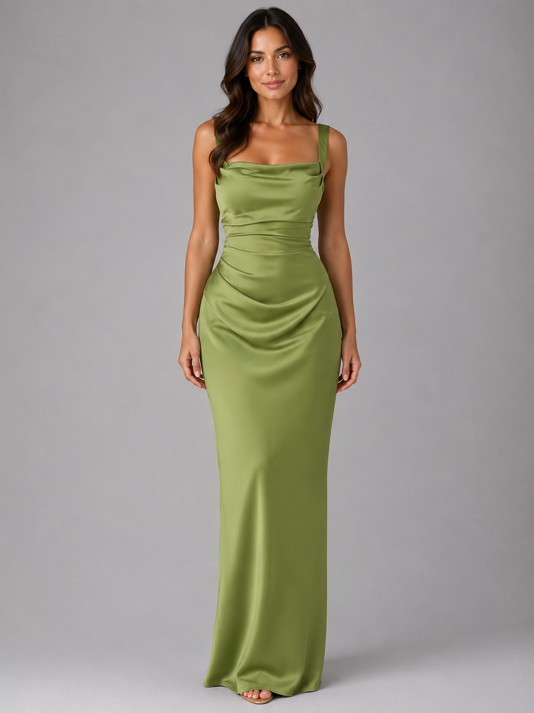 Satin-Finish Square Neck Maxi Dress for Women – Ruched Waist, Delicate Straps